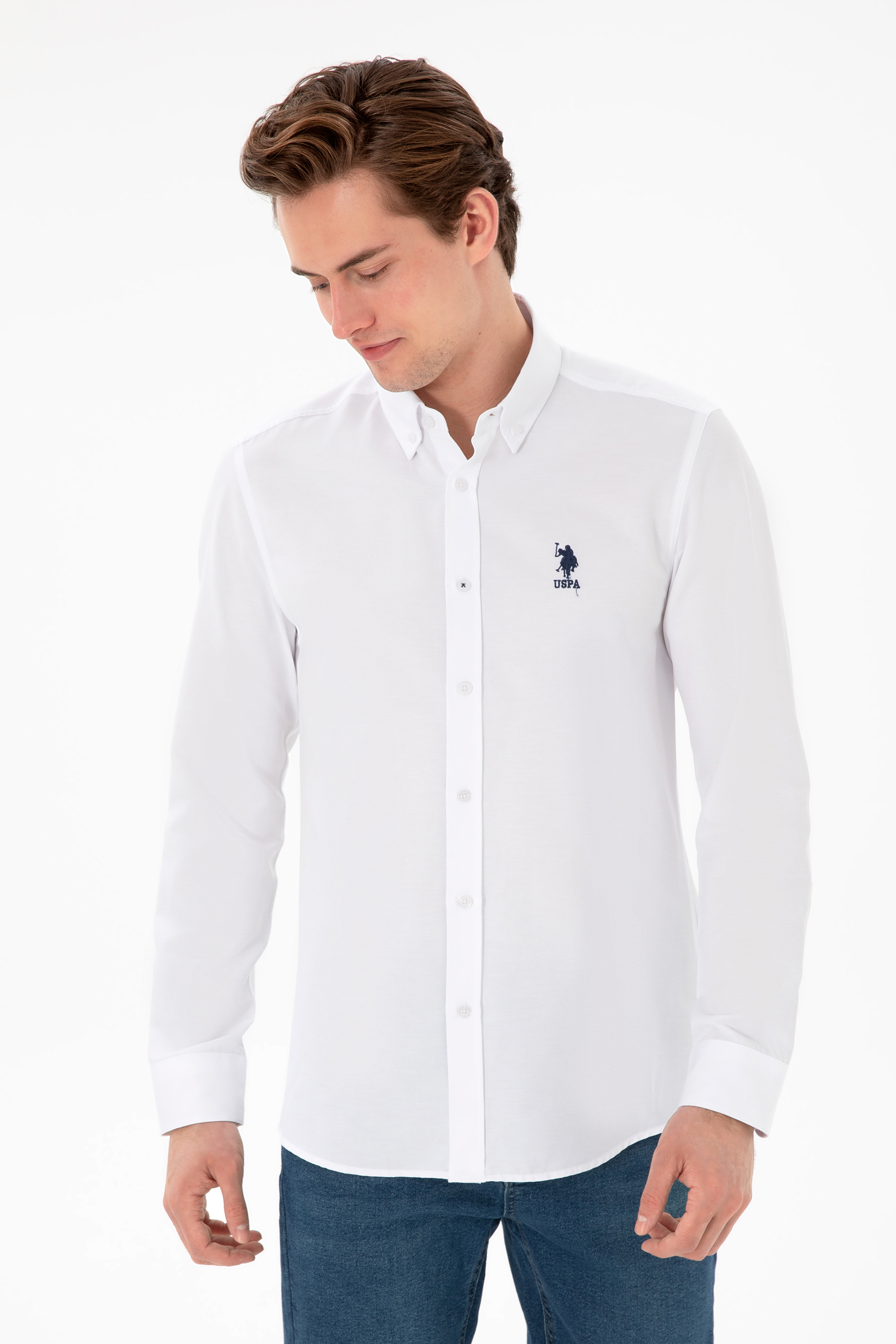 پیراهن بیسیک سفید اندامی مردانه یو اس پولو | US POLO ASSN