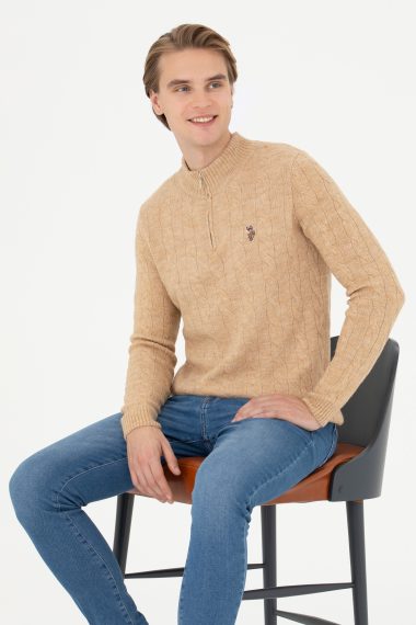 بافت یقه ایستاده کرمی ملانژ  رگولار آستین بلند مردانه یو اس پولو | US POLO ASSN