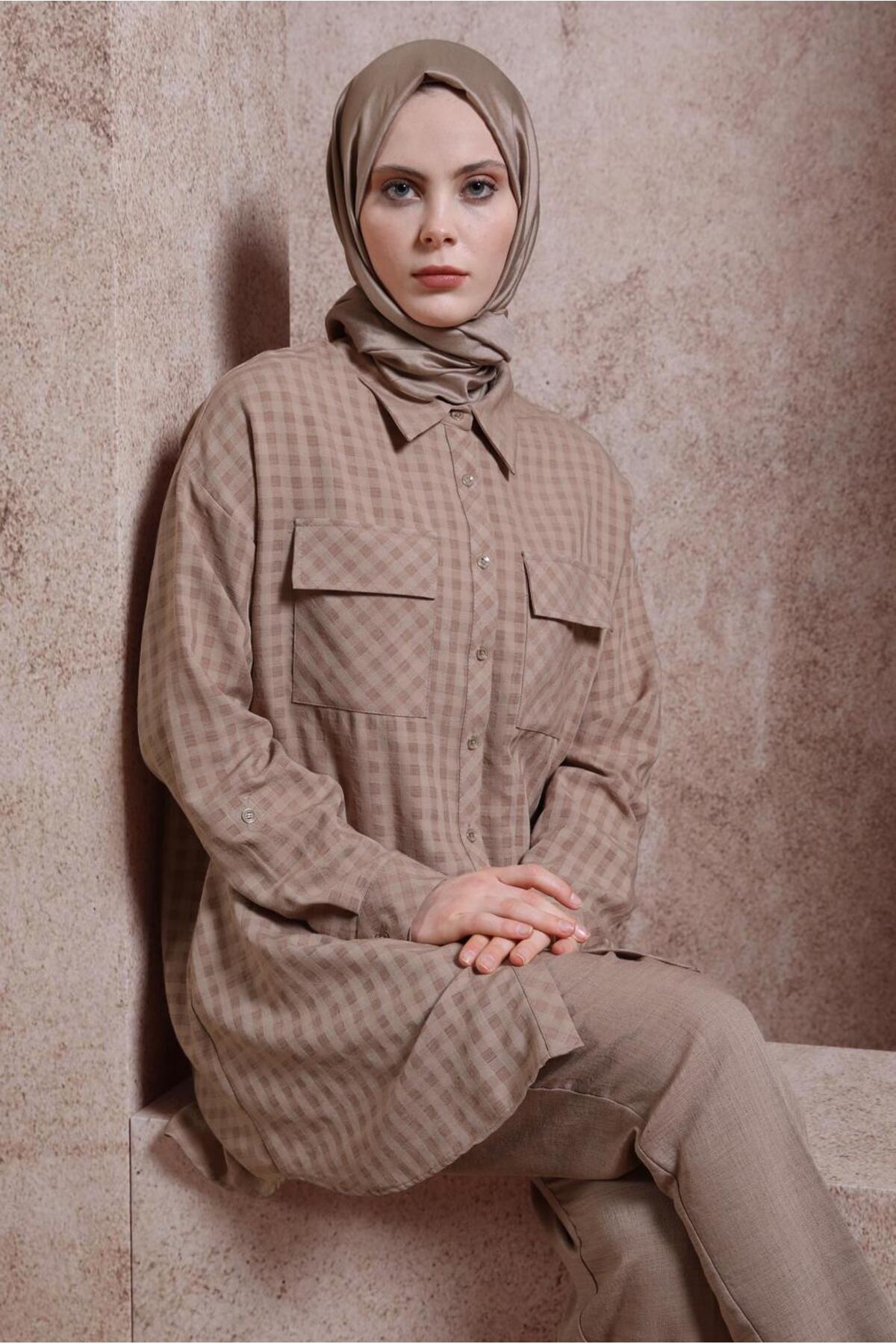 ست لباس زنانه شطرنجی فاق نرمال آستین افتاده | آلوینا Alvina 24YTKP0044477