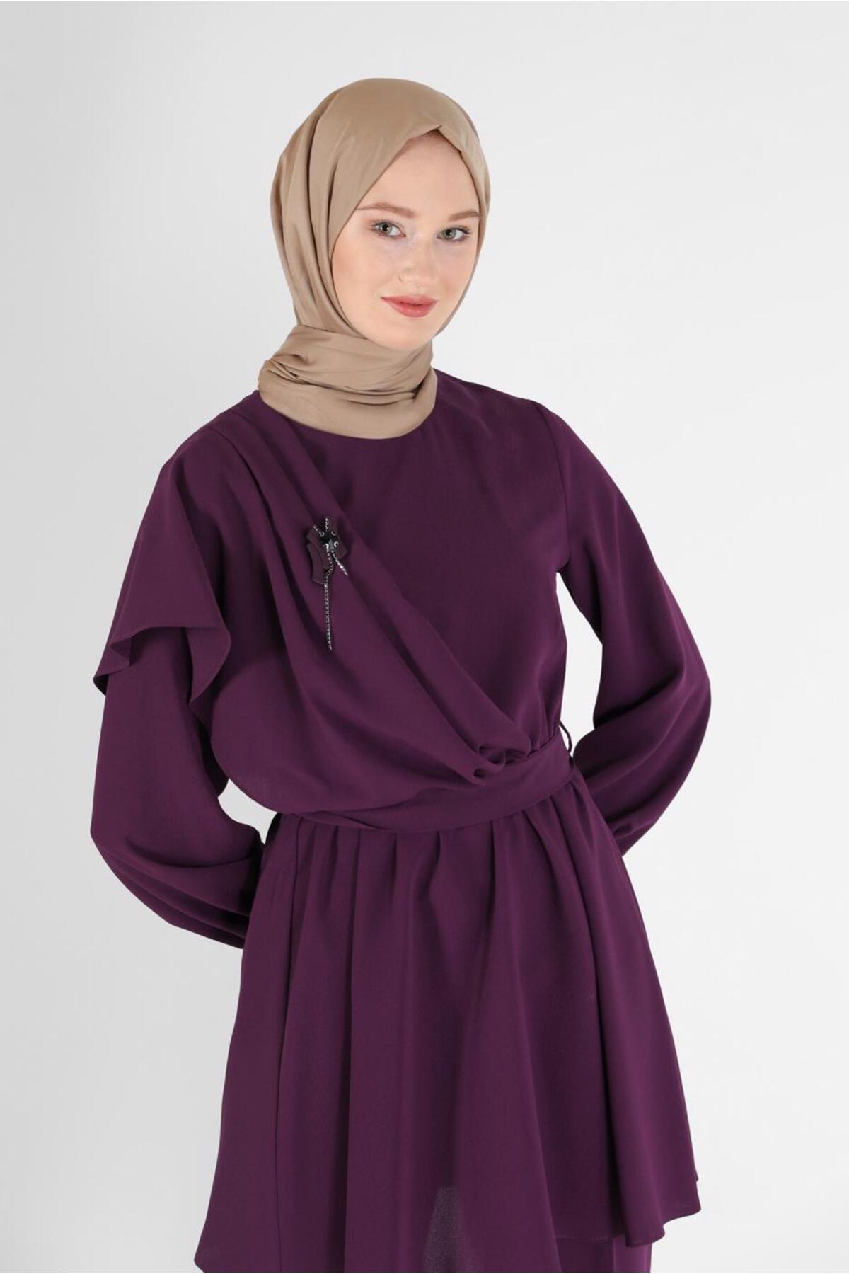 ست لباس زنانه راسته کشسان آستین چین دار | آلوینا Alvina 22KTKP0042310