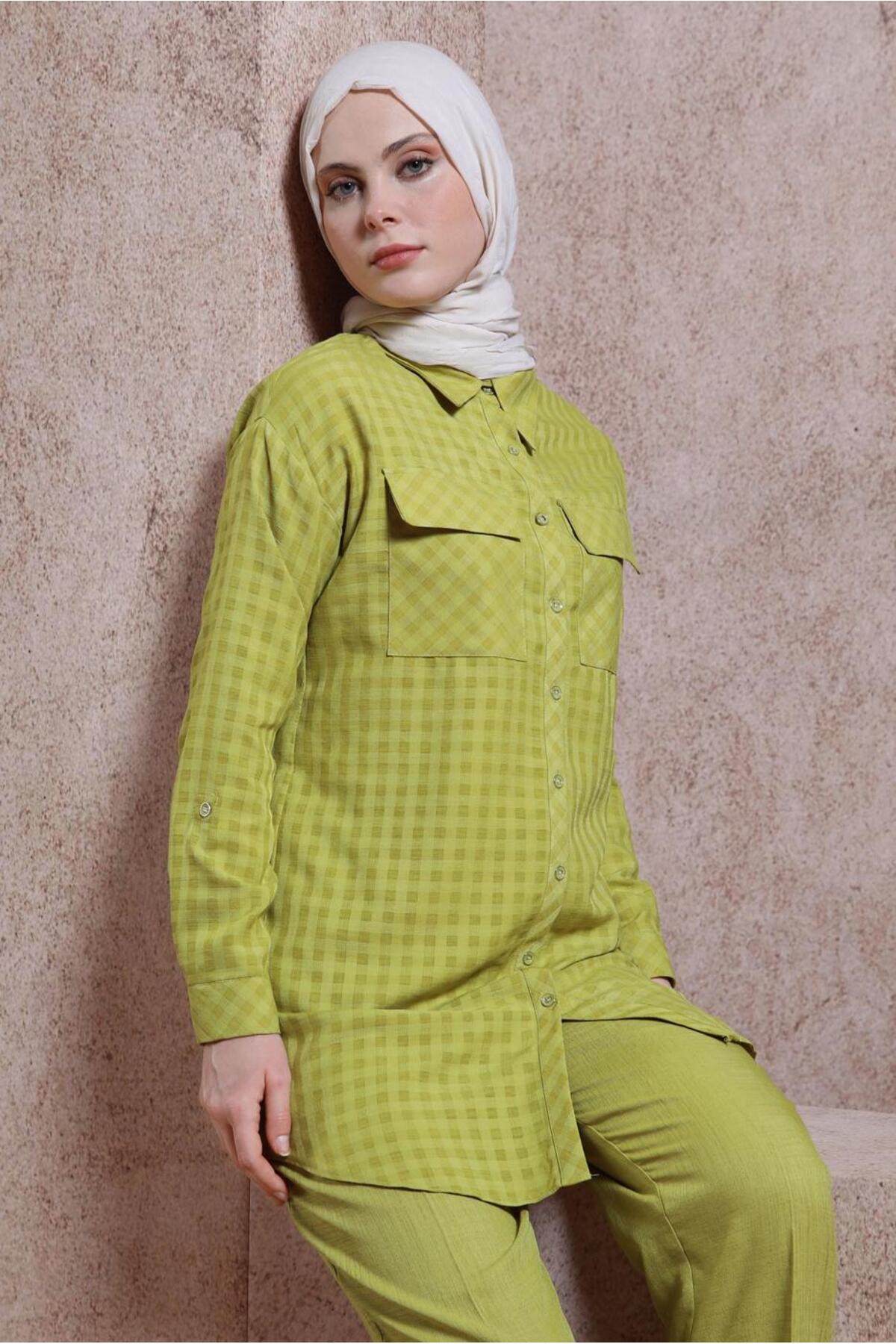 ست لباس زنانه شطرنجی فاق نرمال آستین افتاده | آلوینا Alvina 24YTKP0044477