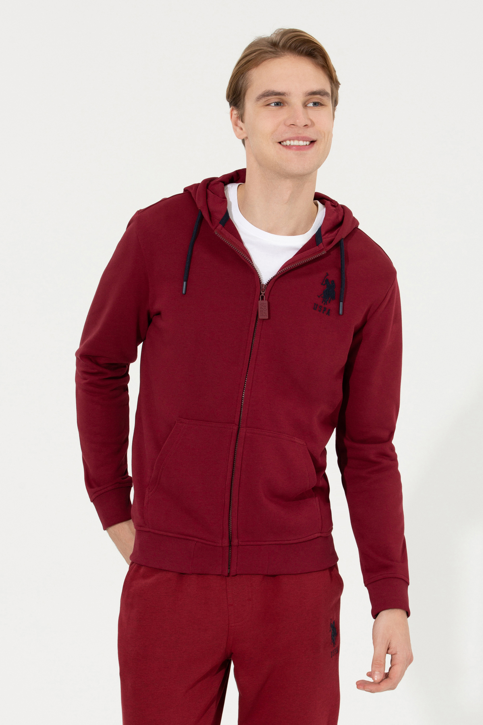 ژاکت بافتنی هودی آلبالویی رگولار آستین بلند مردانه یو اس پولو | US POLO ASSN