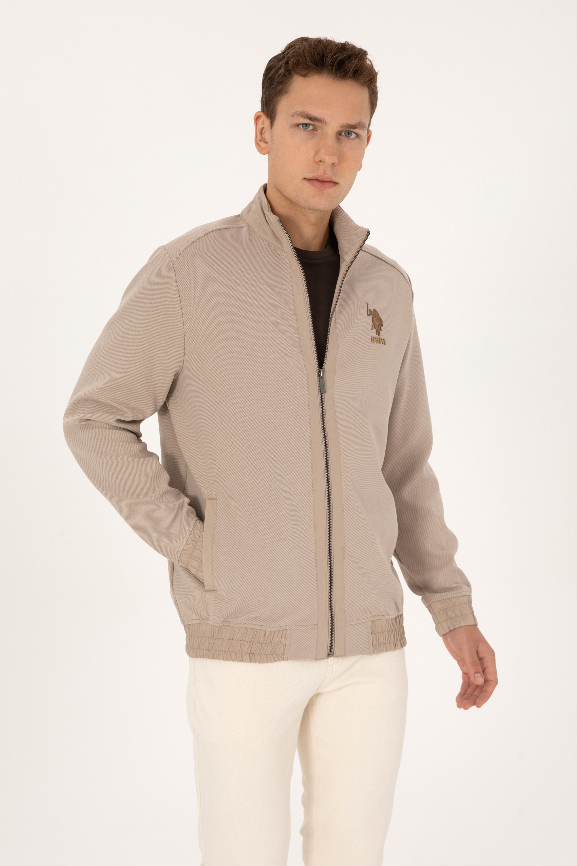 ژاکت بافتنی یقه کت بژ تیره رگولار مردانه یو اس پولو | US POLO ASSN