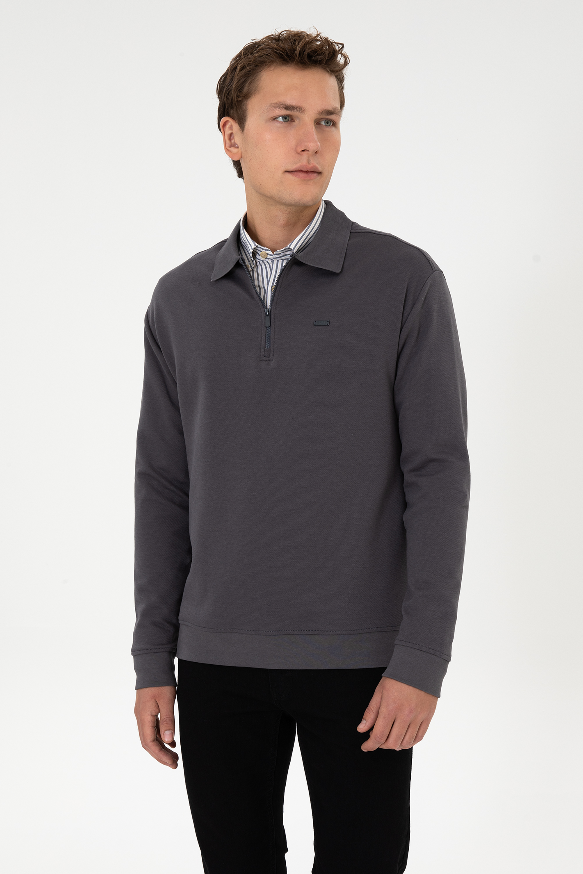 سویشرت یقه پولو خاکستری ریلکس مردانه یو اس پولو | US POLO ASSN