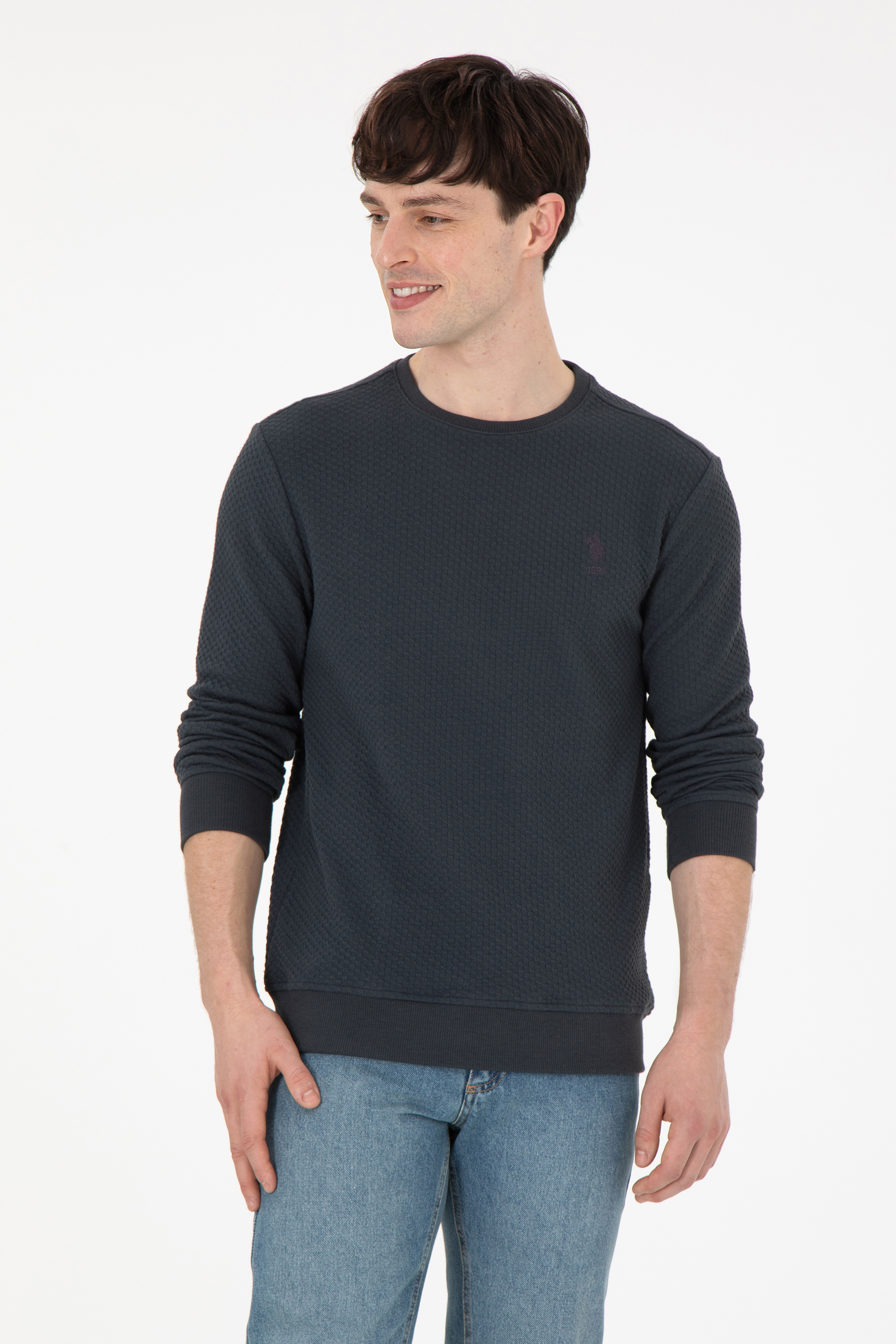 سویشرت یقه گرد زغالی رگولار آستین بلند مردانه یو اس پولو | US POLO ASSN