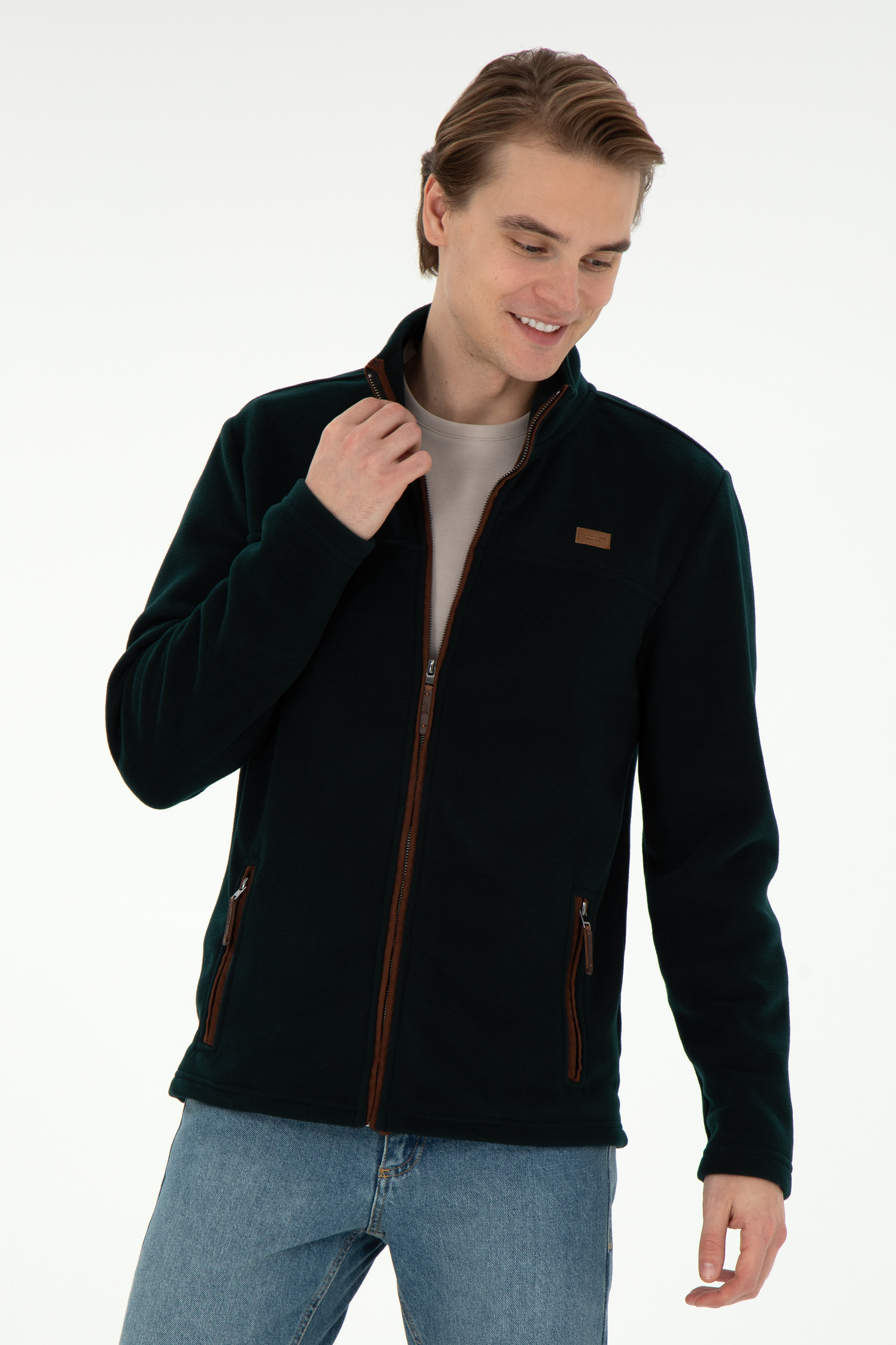 سویشرت یقه ایستاده سبز تیره رگولار آستین بلند مردانه یو اس پولو | US POLO ASSN
