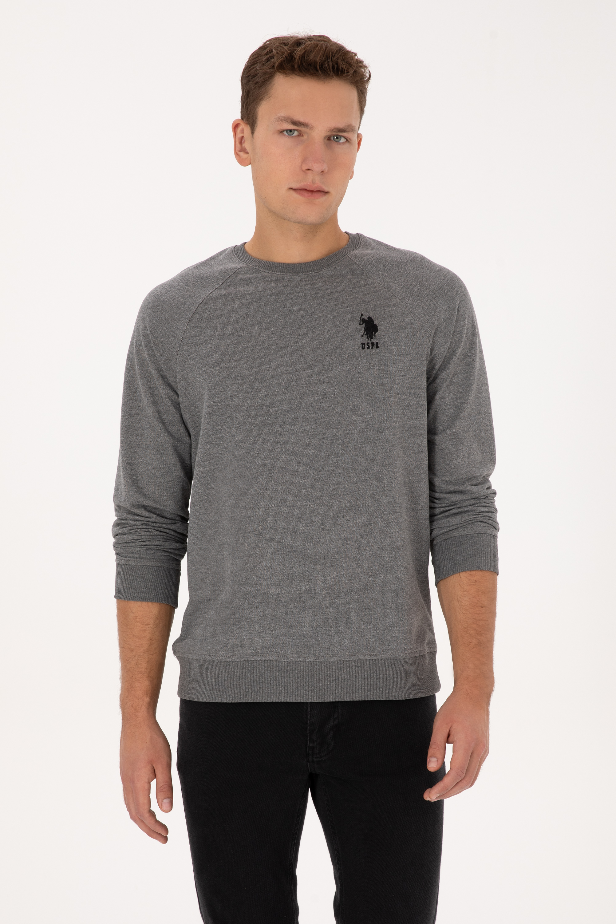 سویشرت یقه گرد زغالی ملانژ رگولار مردانه یو اس پولو | US POLO ASSN