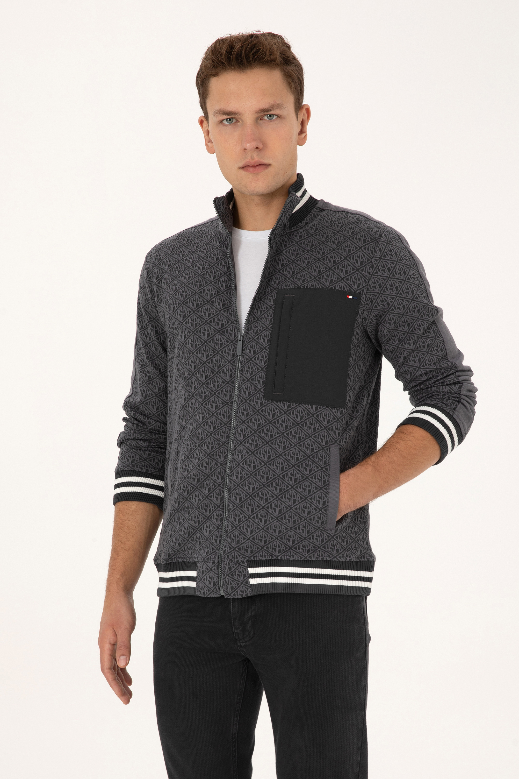 ژاکت بافتنی یقه کت خاکستری رگولار مردانه یو اس پولو | US POLO ASSN