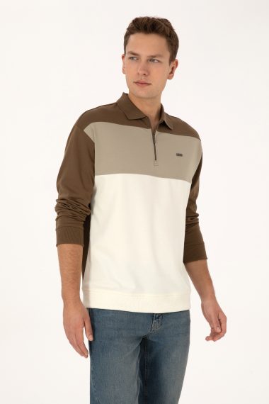 سویشرت نیم زیپ خاکی  ریلکس  مردانه یو اس پولو | US POLO ASSN