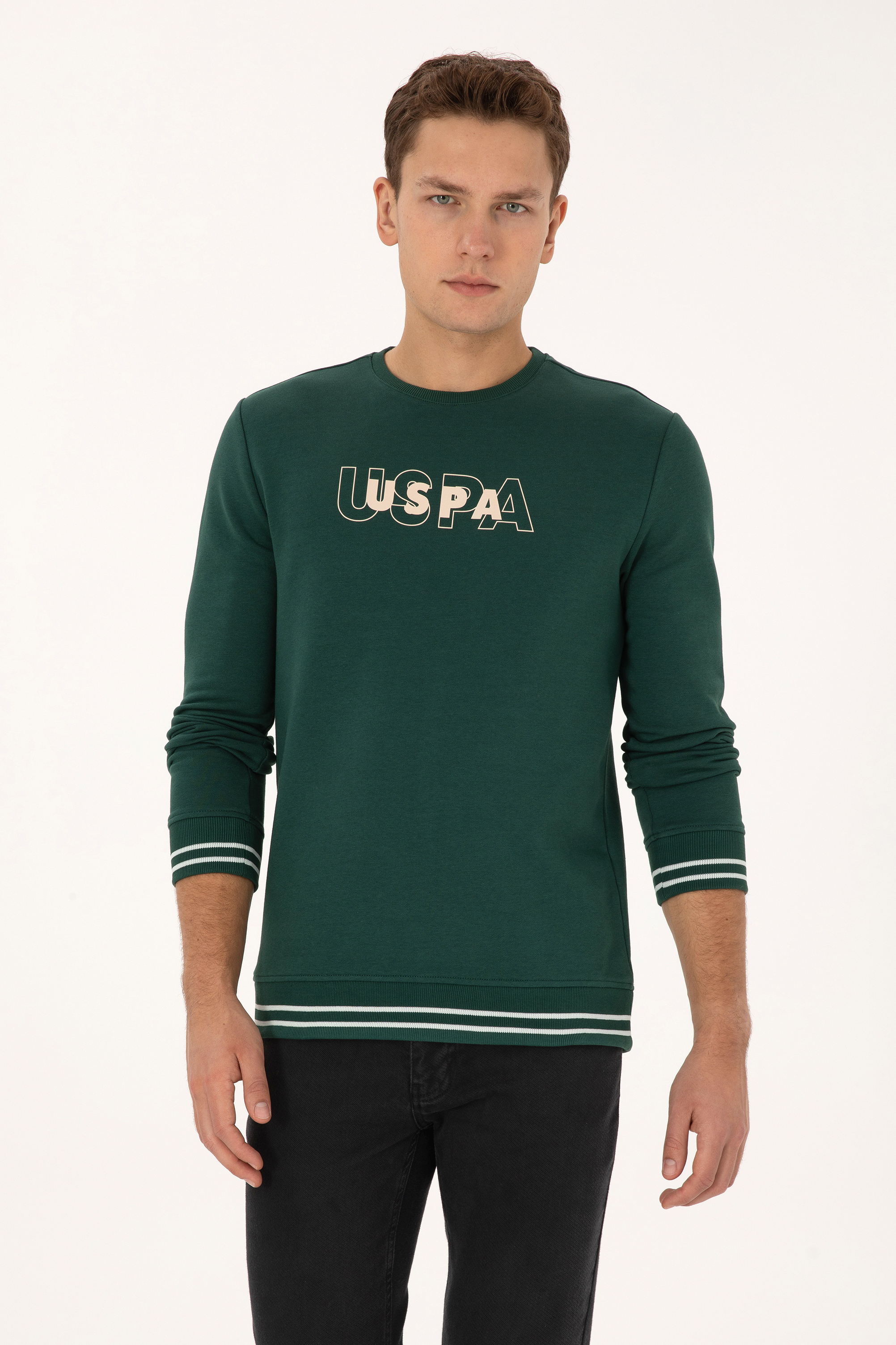 سویشرت یقه گرد سبز تیره رگولار مردانه یو اس پولو | US POLO ASSN