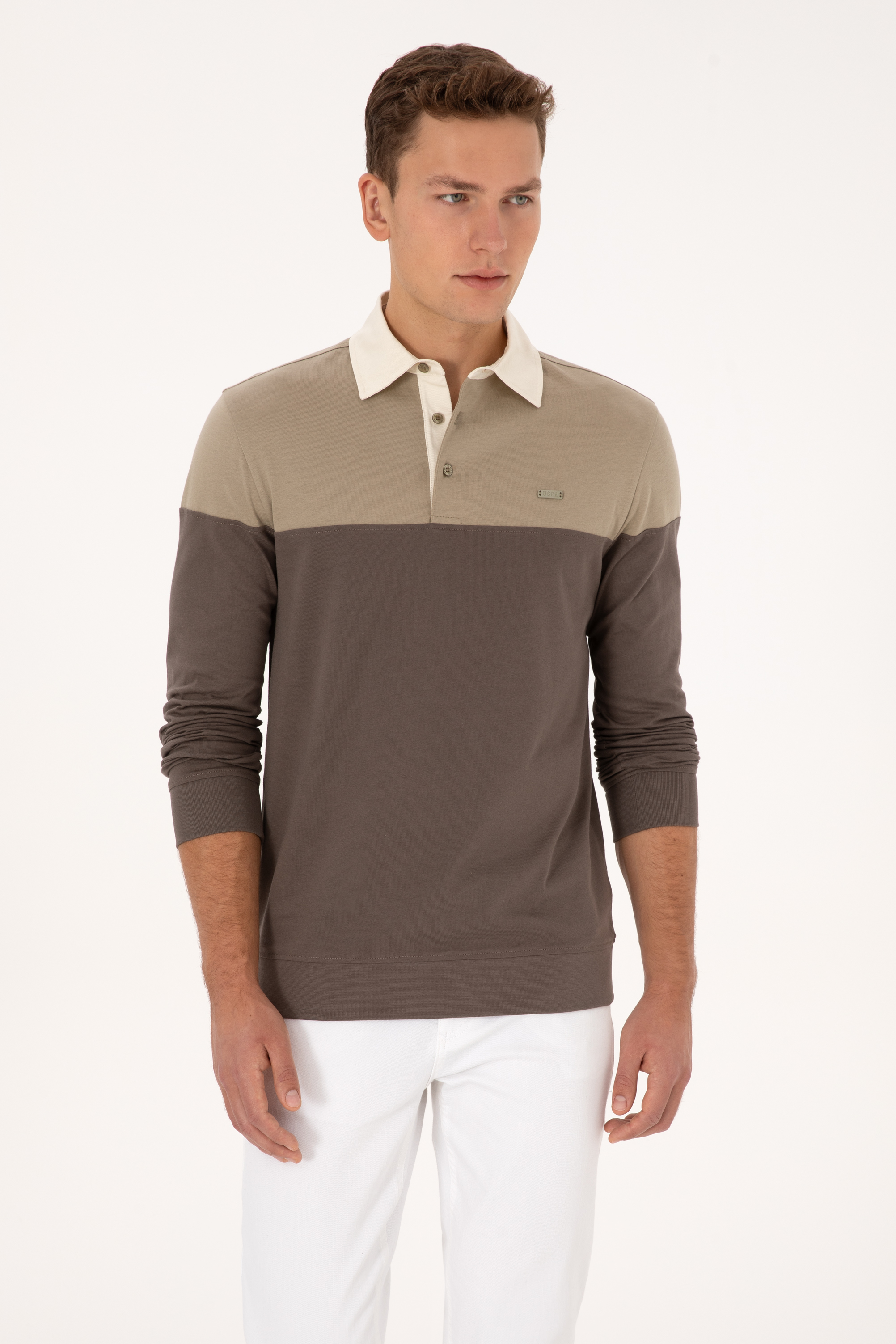 سویشرت یقه پولو خاکی روشن رگولار مردانه یو اس پولو | US POLO ASSN