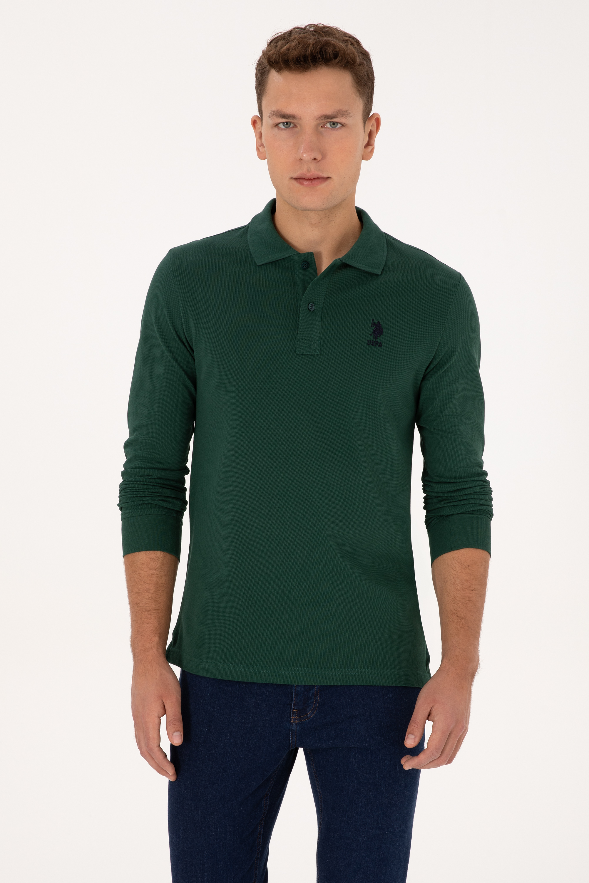 سویشرت یقه پولو سبز تیره رگولار مردانه یو اس پولو | US POLO ASSN