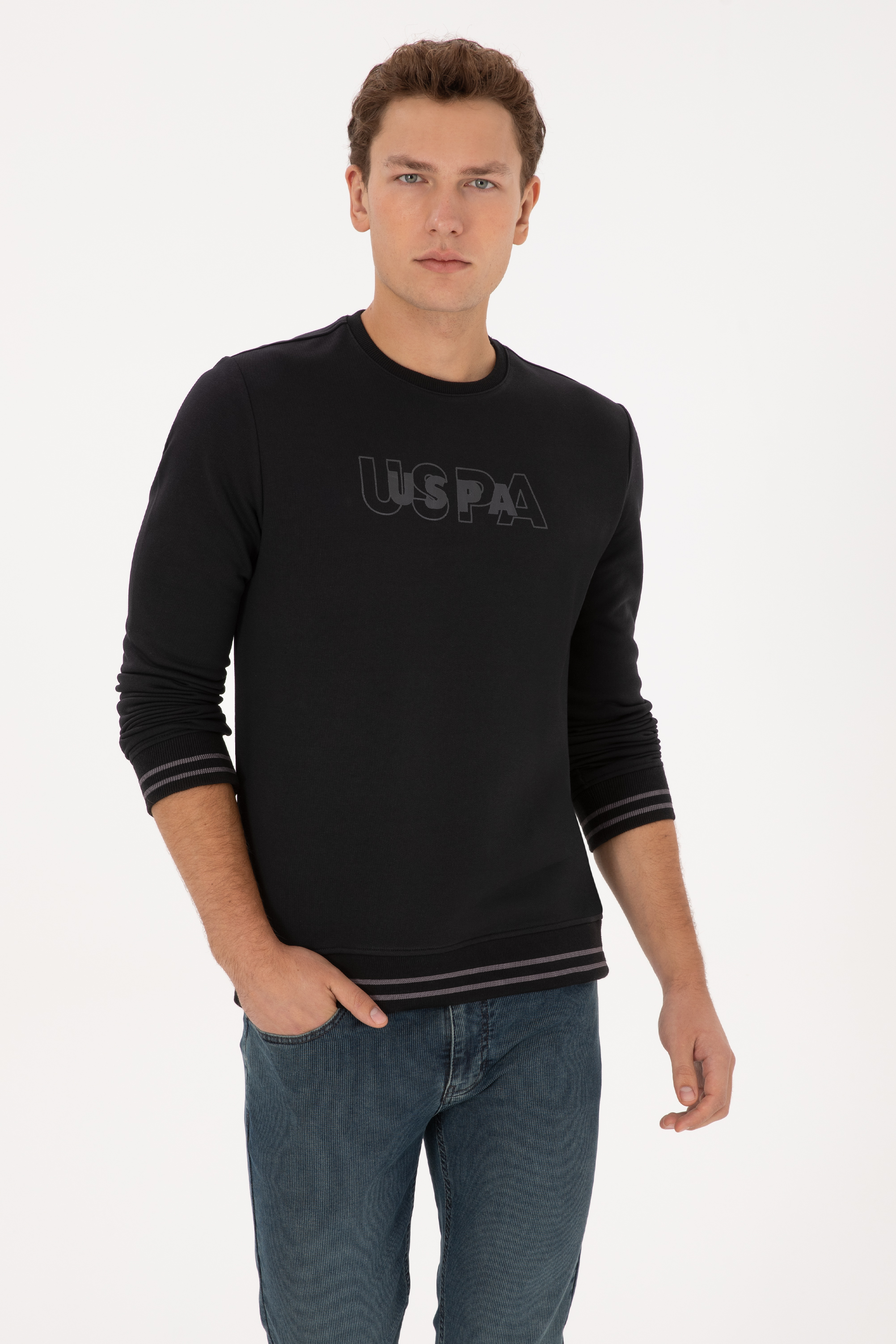 سویشرت یقه گرد سیاه رگولار مردانه یو اس پولو | US POLO ASSN