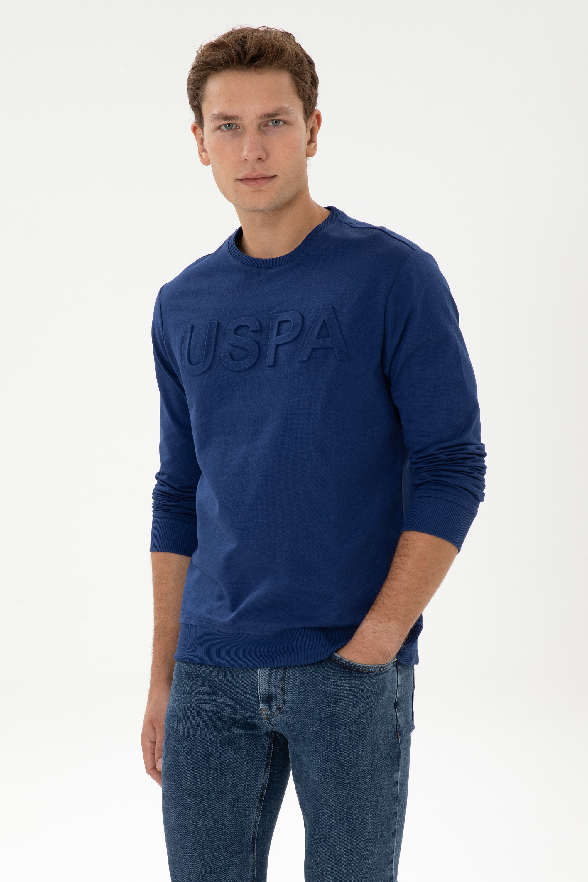 سویشرت یقه گرد نیلی رگولار مردانه یو اس پولو | US POLO ASSN
