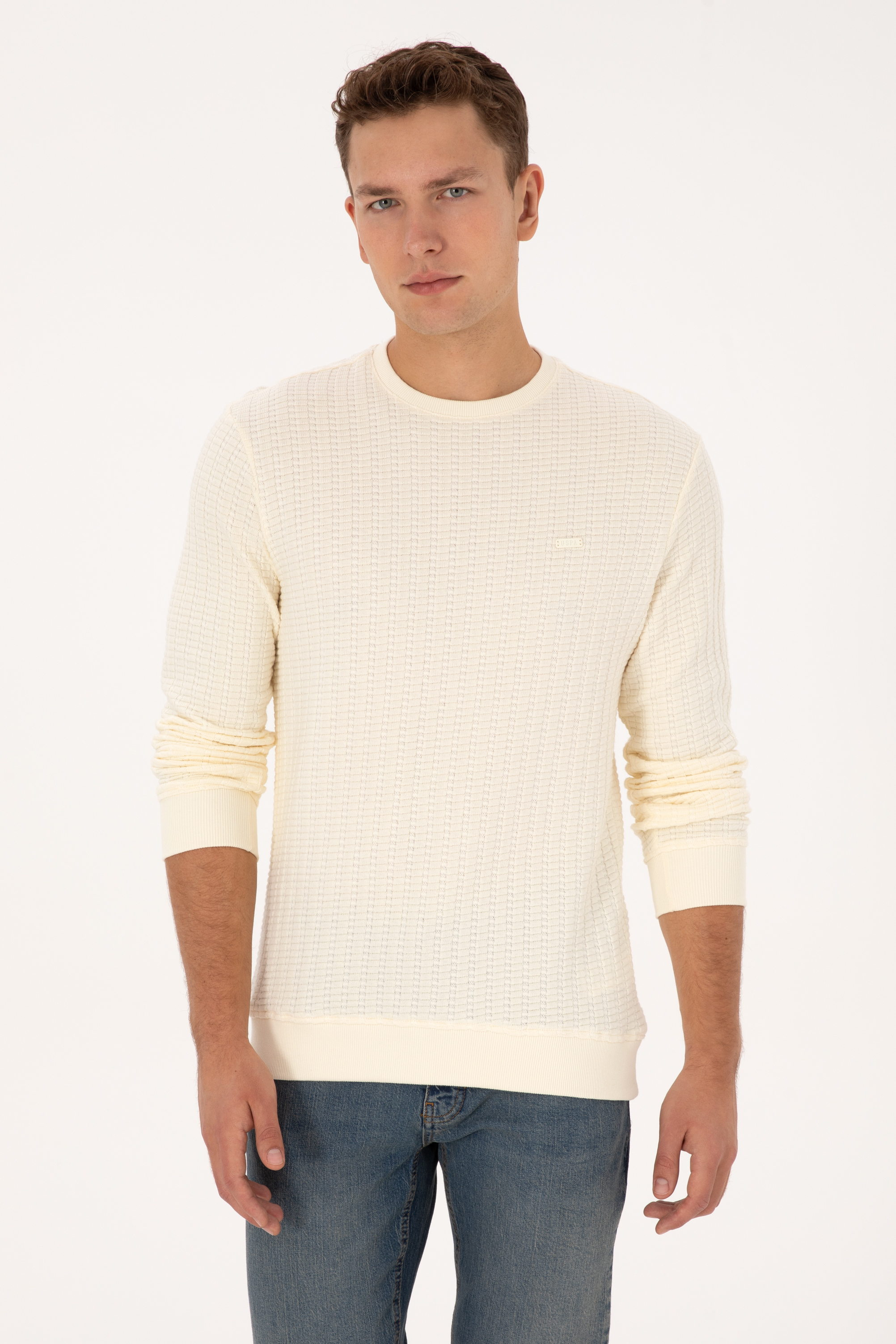 سویشرت یقه گرد سفید رگولار مردانه یو اس پولو | US POLO ASSN