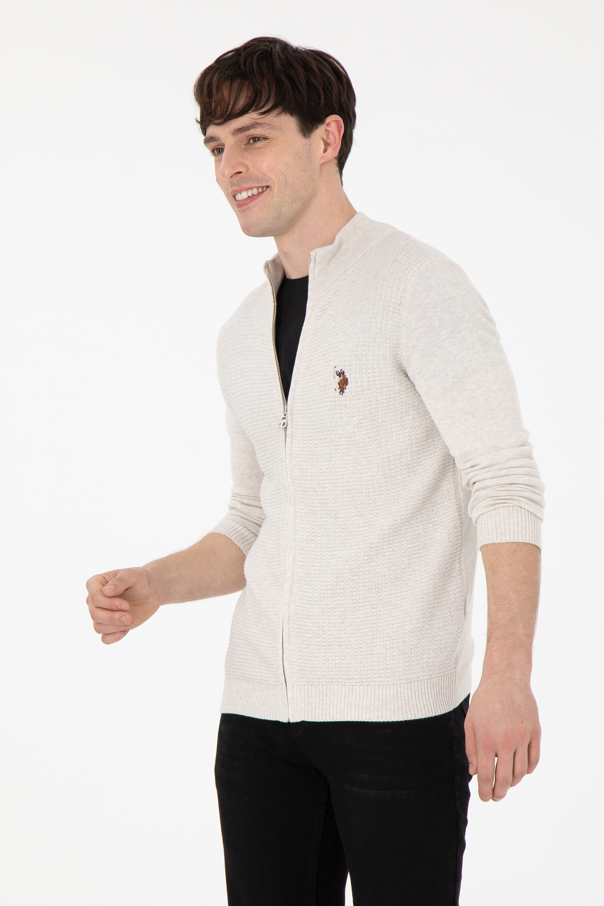 ژاکت یقه ایستاده خاکستری ملانژ اندامی آستین بلند مردانه یو اس پولو | US POLO ASSN