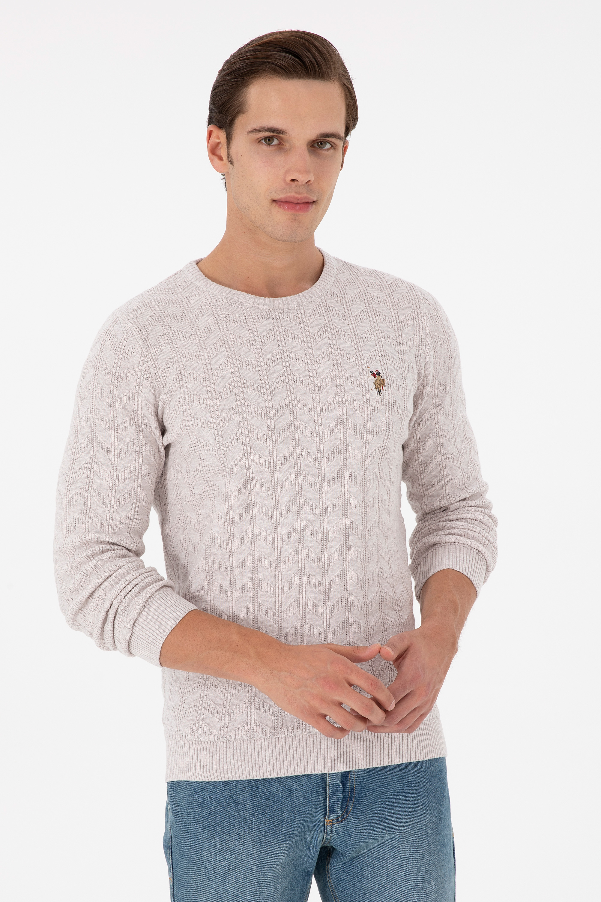 بافت یقه گرد خاکستری ملانژ اندامی آستین بلند مردانه یو اس پولو | US POLO ASSN