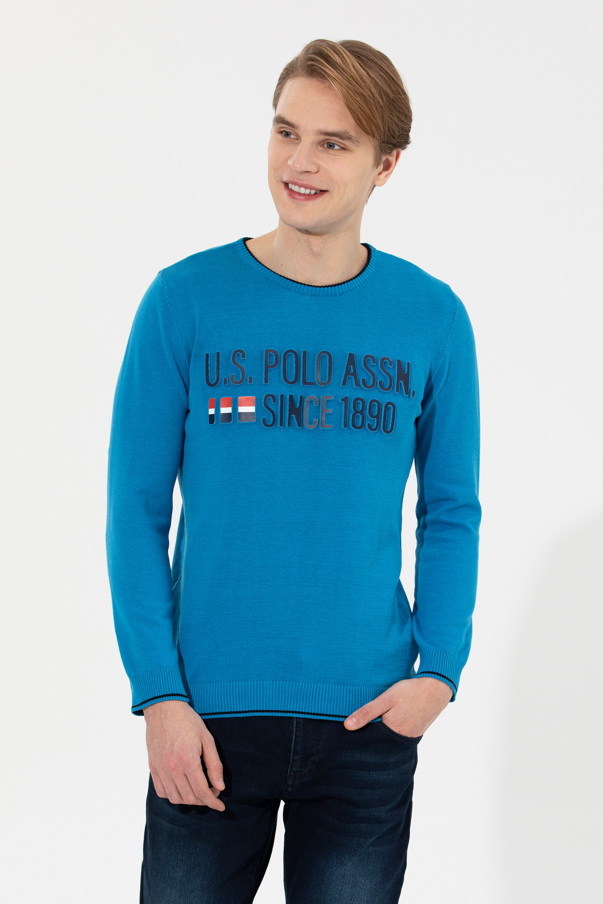 بافت یقه گرد آبی کوبالت اندامی مردانه یو اس پولو | US POLO ASSN
