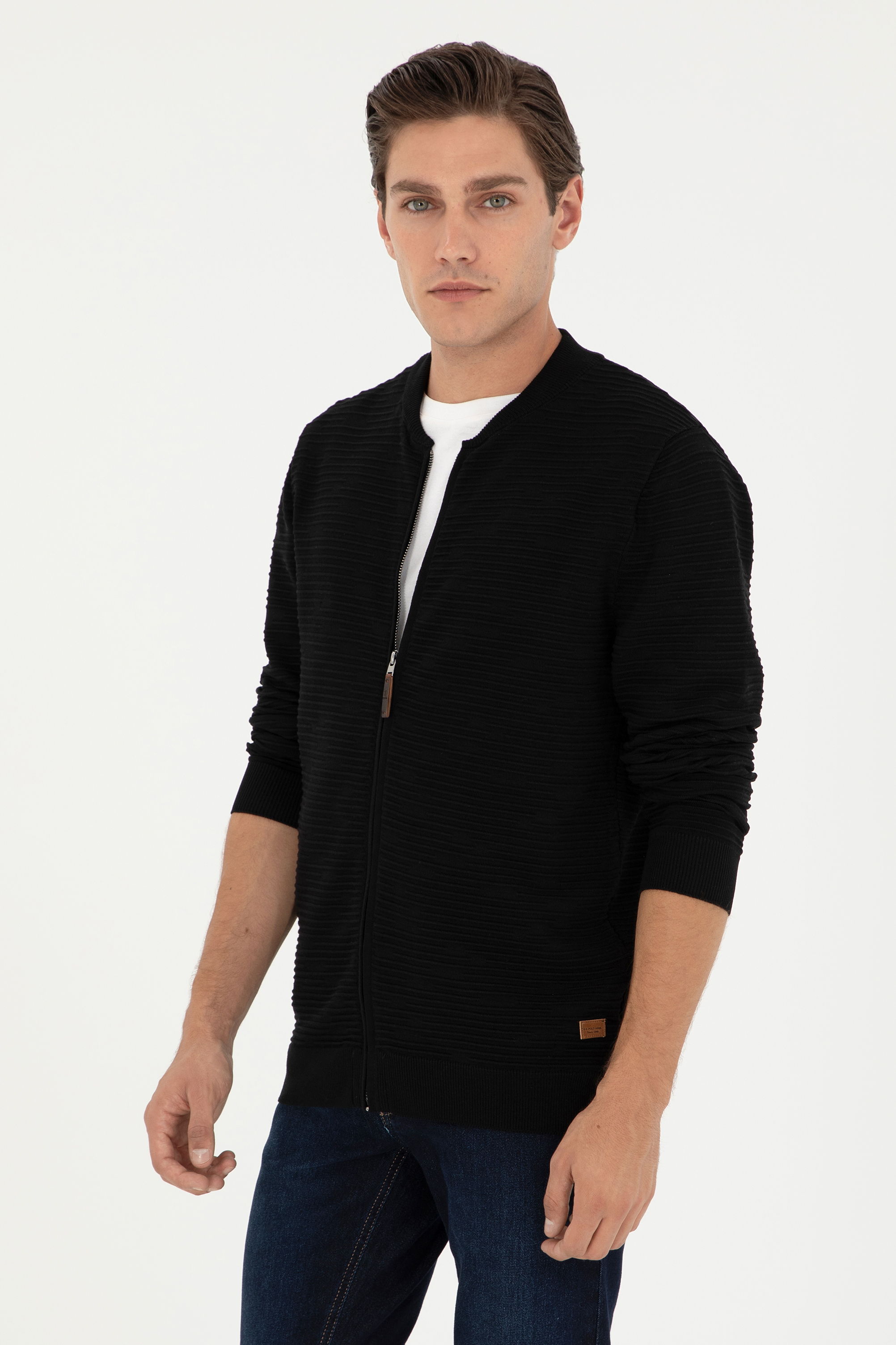 ژاکت یقه ایستاده سیاه رگولار آستین بلند مردانه یو اس پولو | US POLO ASSN