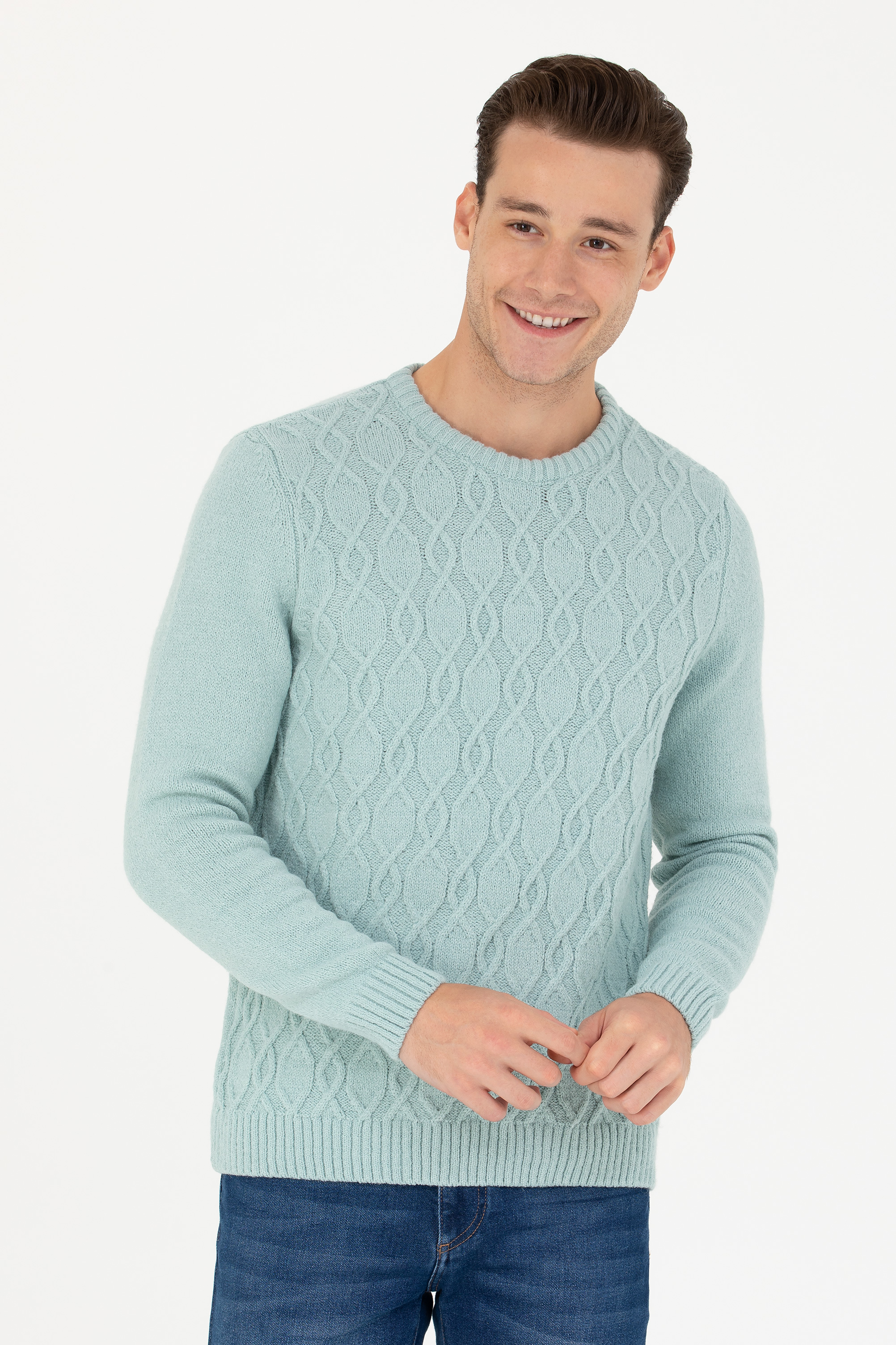 بافت یقه گرد نعناعی رگولار آستین بلند مردانه یو اس پولو | US POLO ASSN