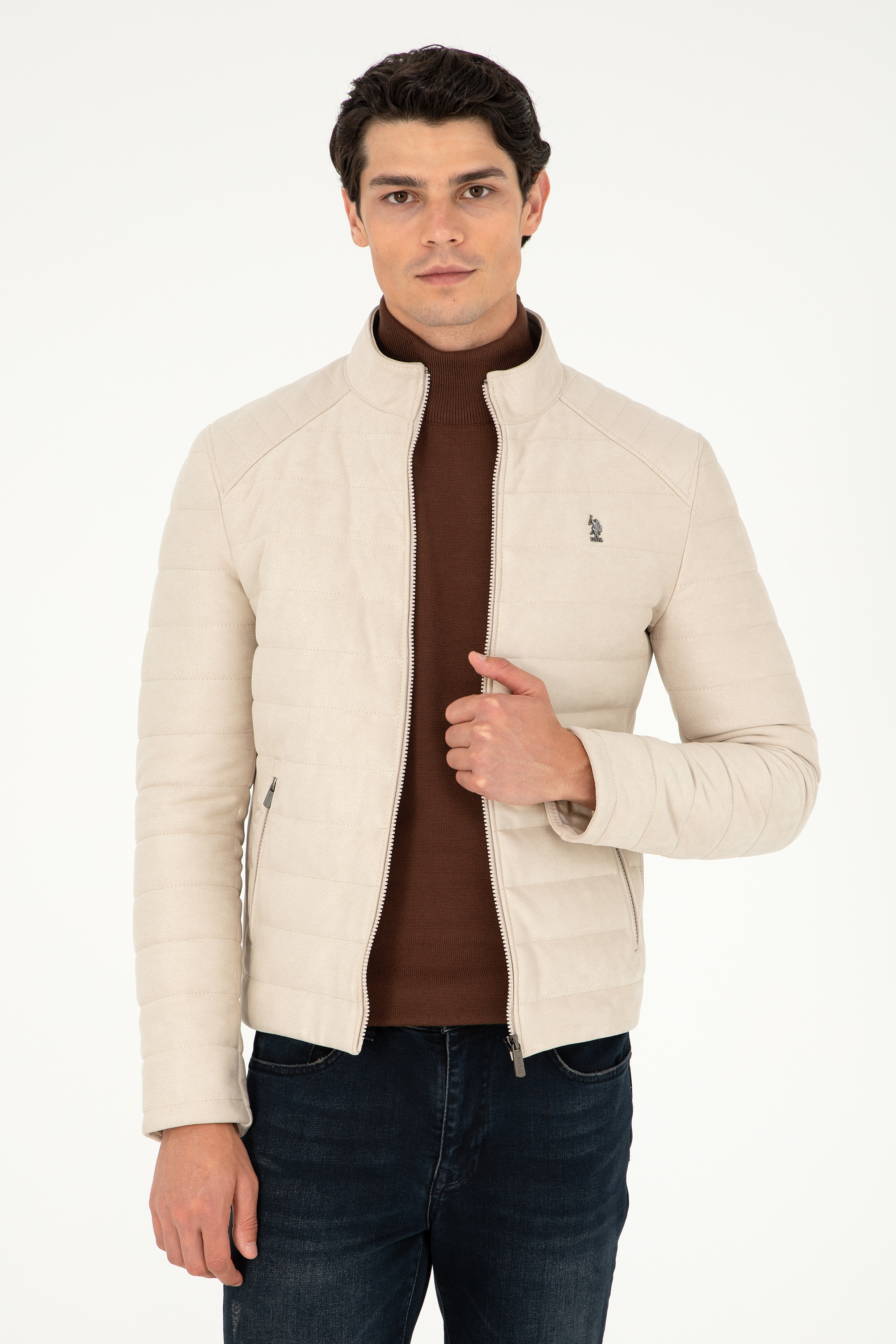 کاپشن چرم بژ استاندارد فیت مردانه یو اس پولو | US POLO ASSN