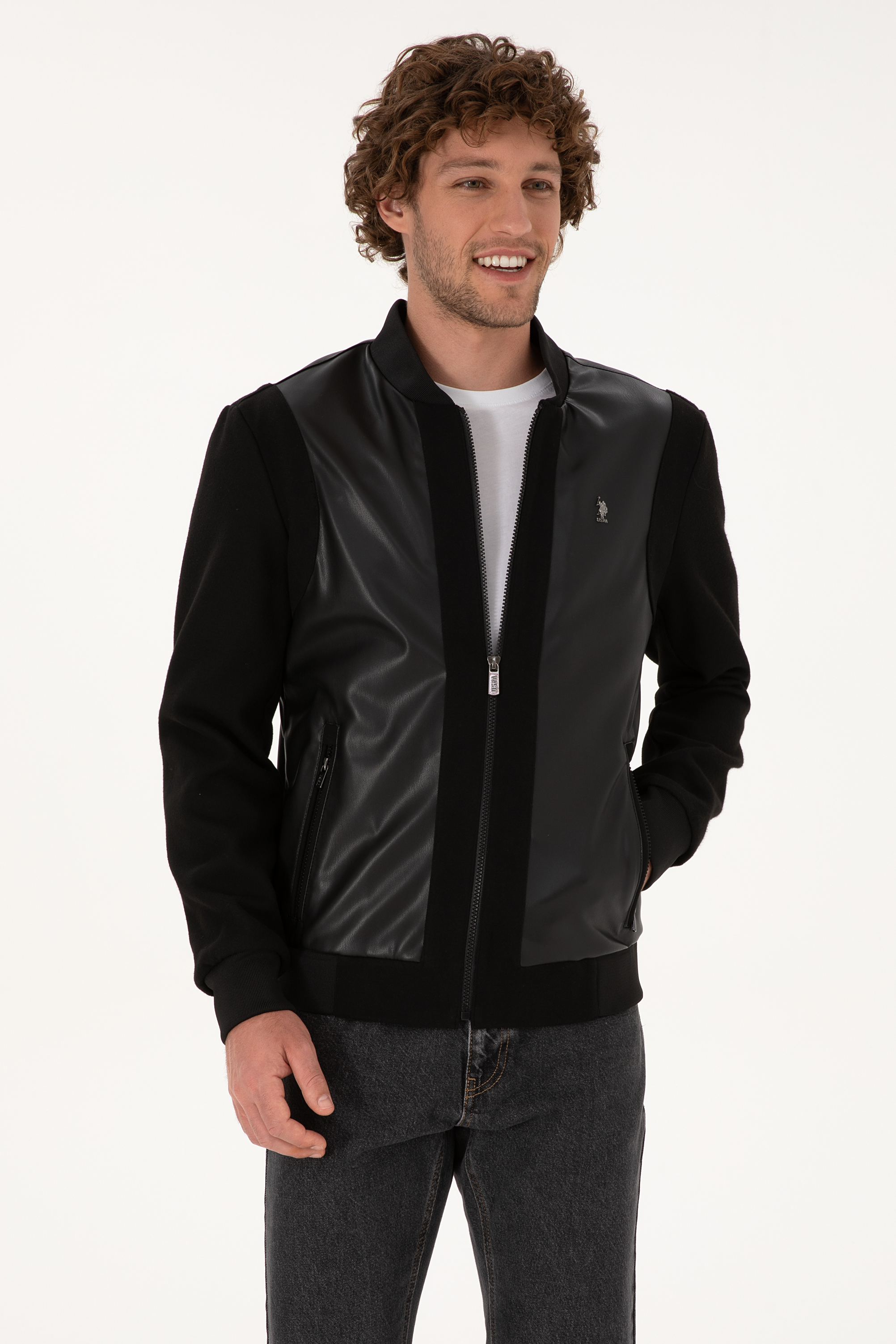 کاپشن چرم سیاه استاندارد فیت مردانه یو اس پولو | US POLO ASSN