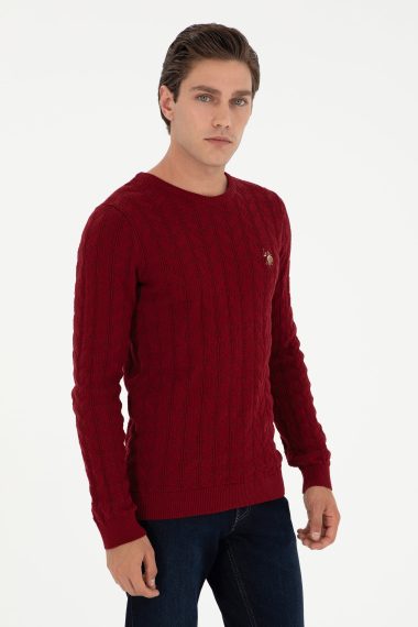 بافت یقه گرد بورگاندی  اندامی آستین بلند مردانه یو اس پولو | US POLO ASSN