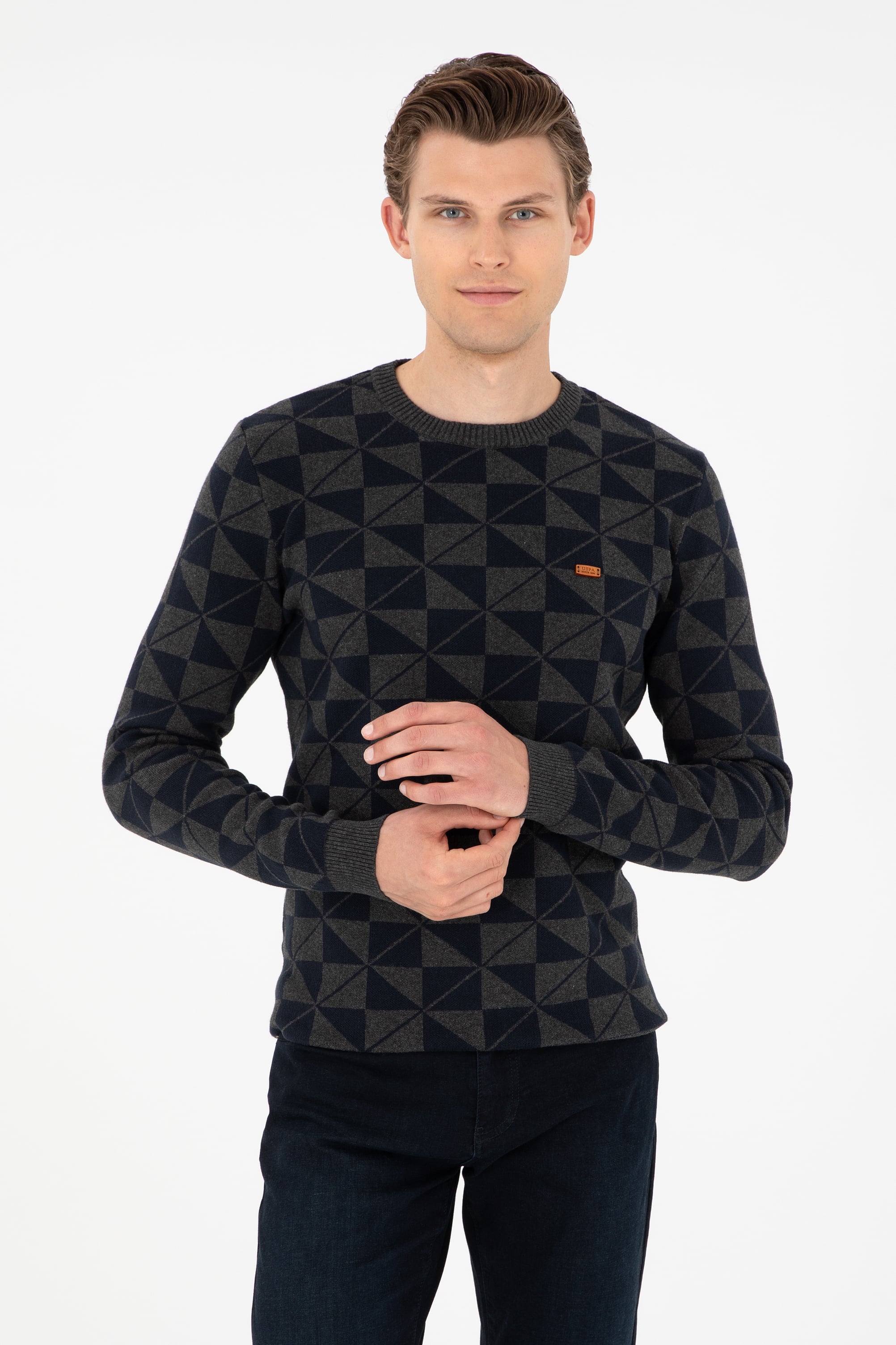 بافت یقه گرد زغالی ملانژ رگولار آستین بلند مردانه یو اس پولو | US POLO ASSN