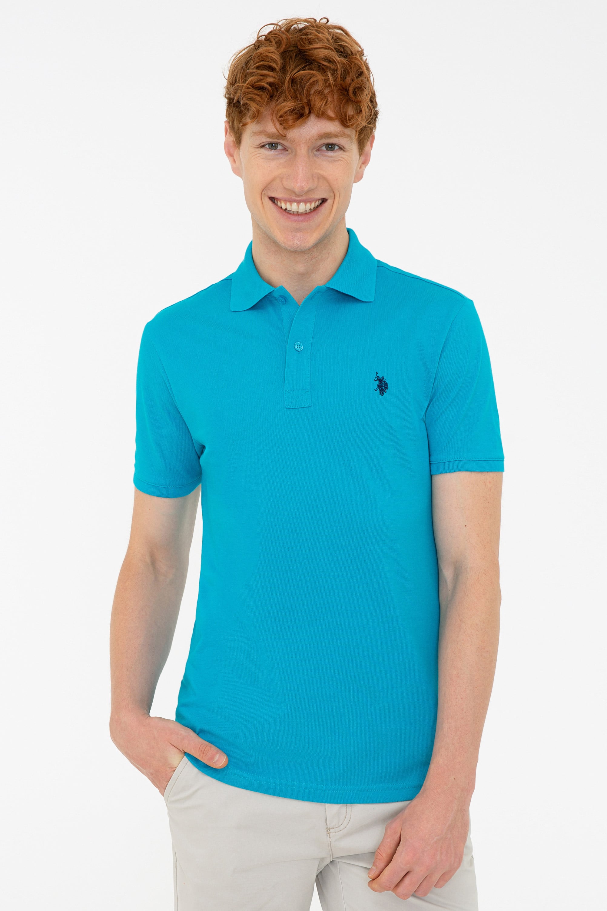 پولوشرت یقه پولو آبی نفتی اندامی آستین کوتاه مردانه یو اس پولو | US POLO ASSN