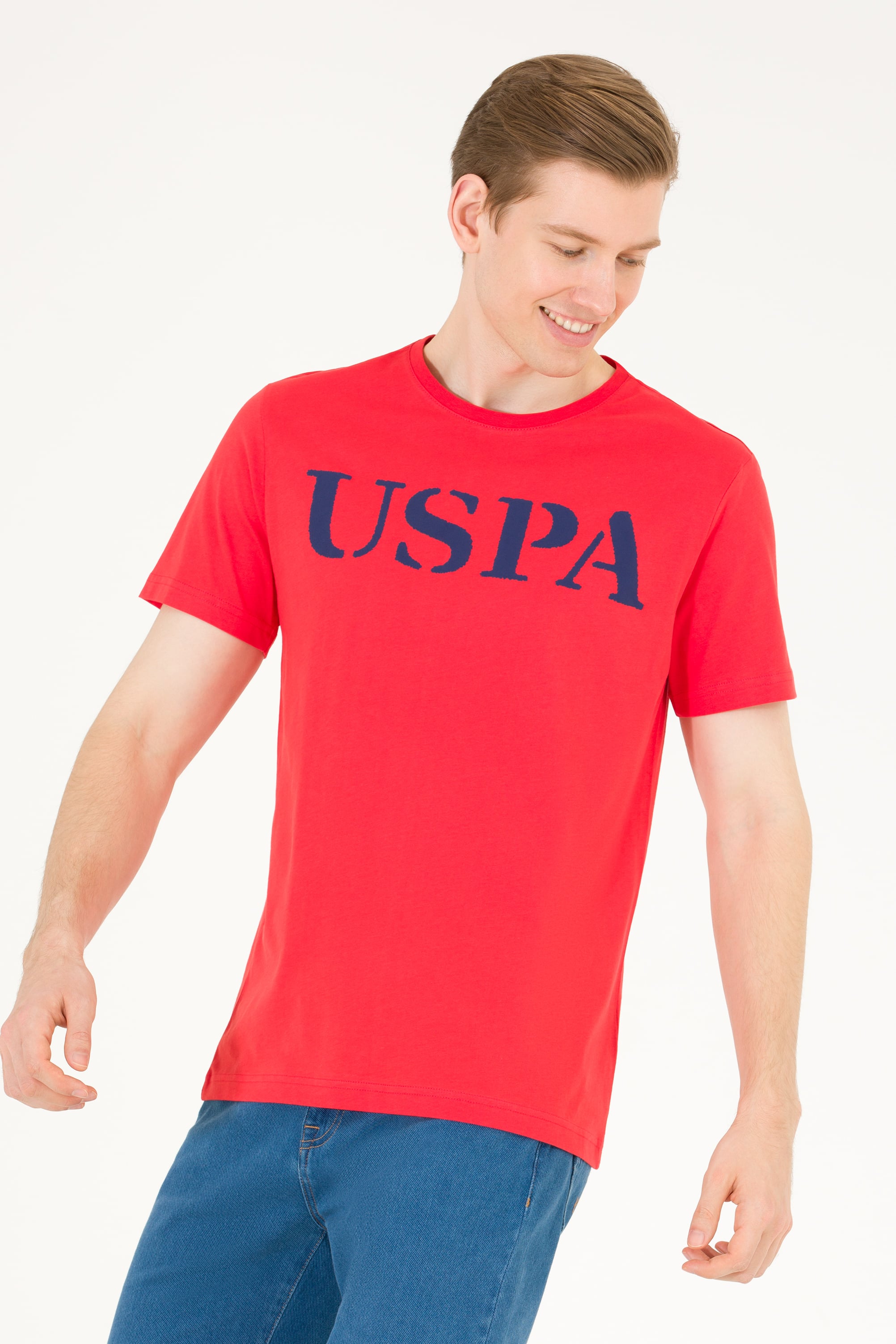 پولوشرت یقه گرد قرمز رگولار آستین کوتاه مردانه یو اس پولو | US POLO ASSN