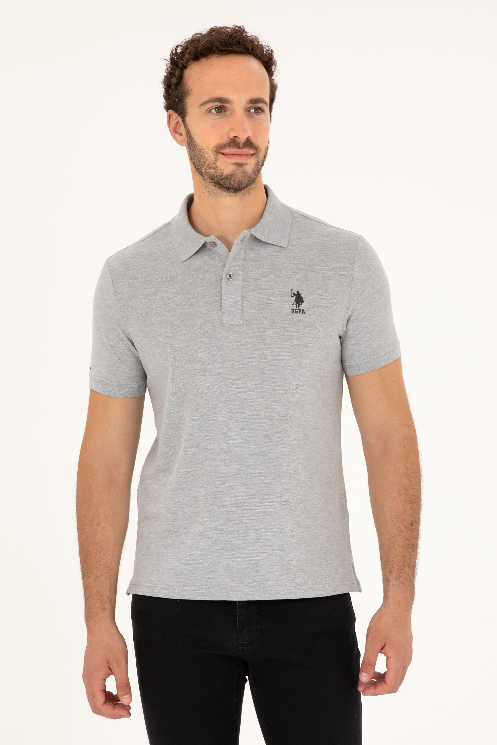 پولوشرت یقه پولو خاکستری ملانژ اندامی آستین کوتاه مردانه یو اس پولو | US POLO ASSN