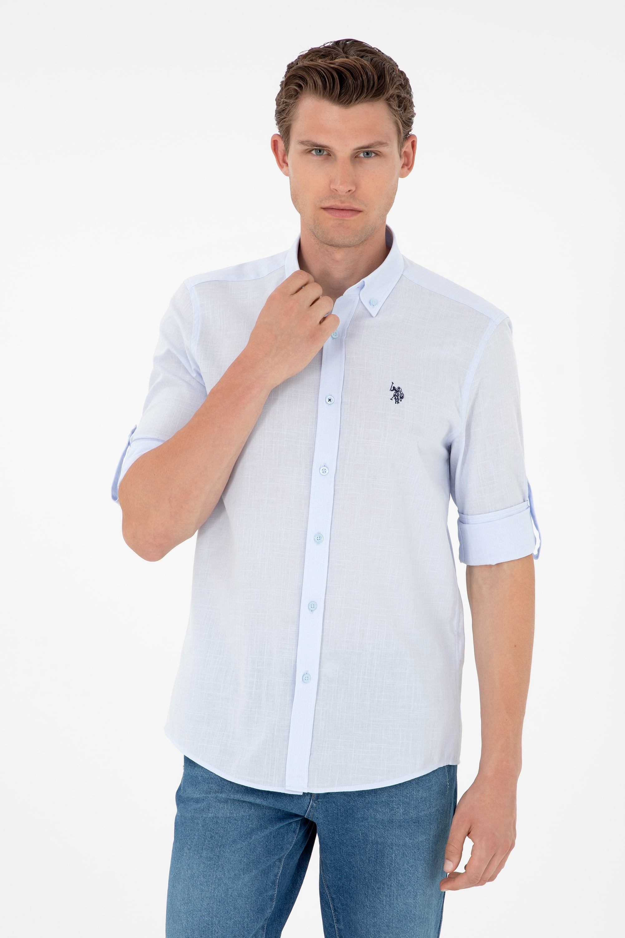 پیراهن بیسیک سورمه ای روشن رگولار مردانه یو اس پولو | US POLO ASSN