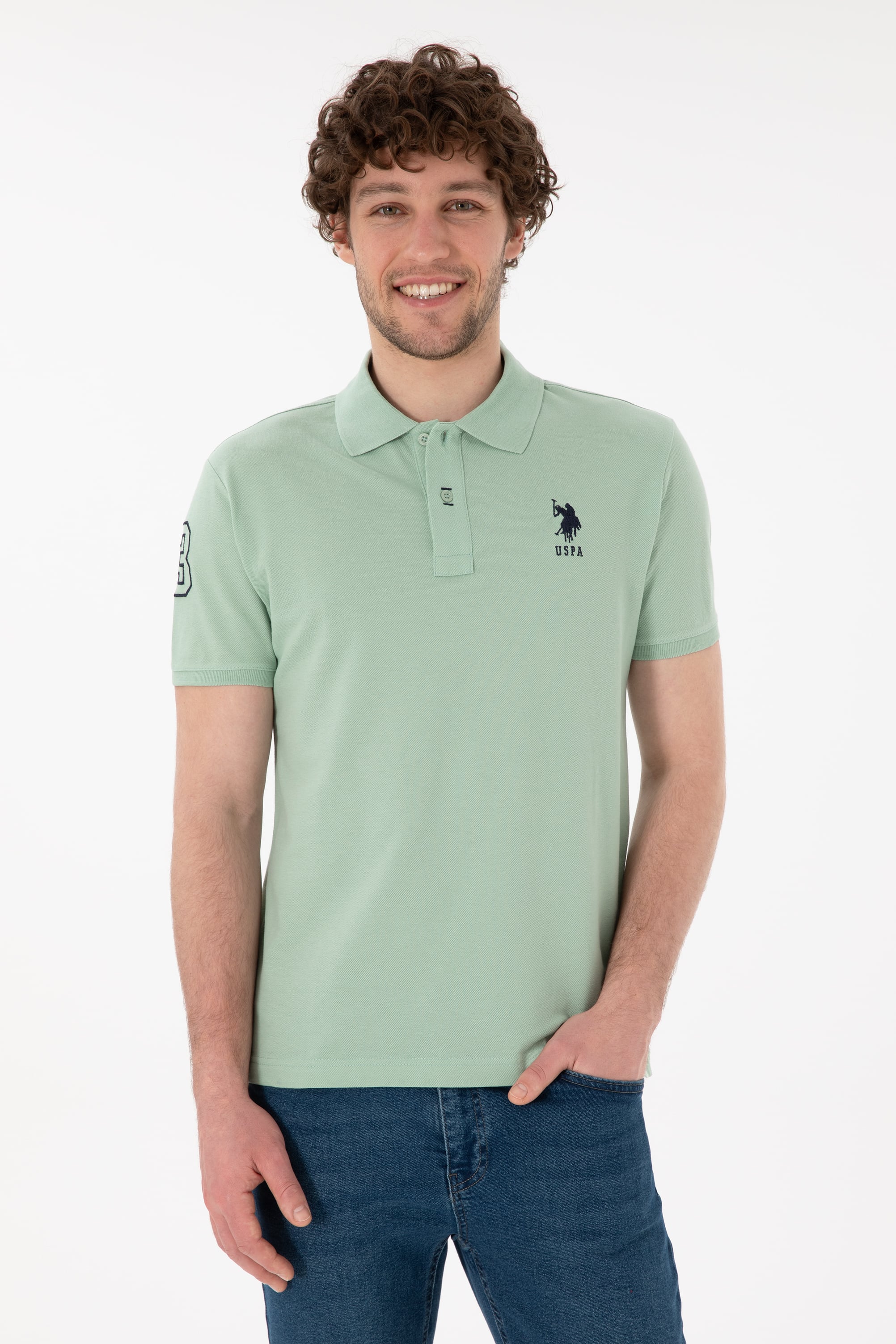 پولوشرت یقه پولو سبزآبی اندامی مردانه یو اس پولو | US POLO ASSN