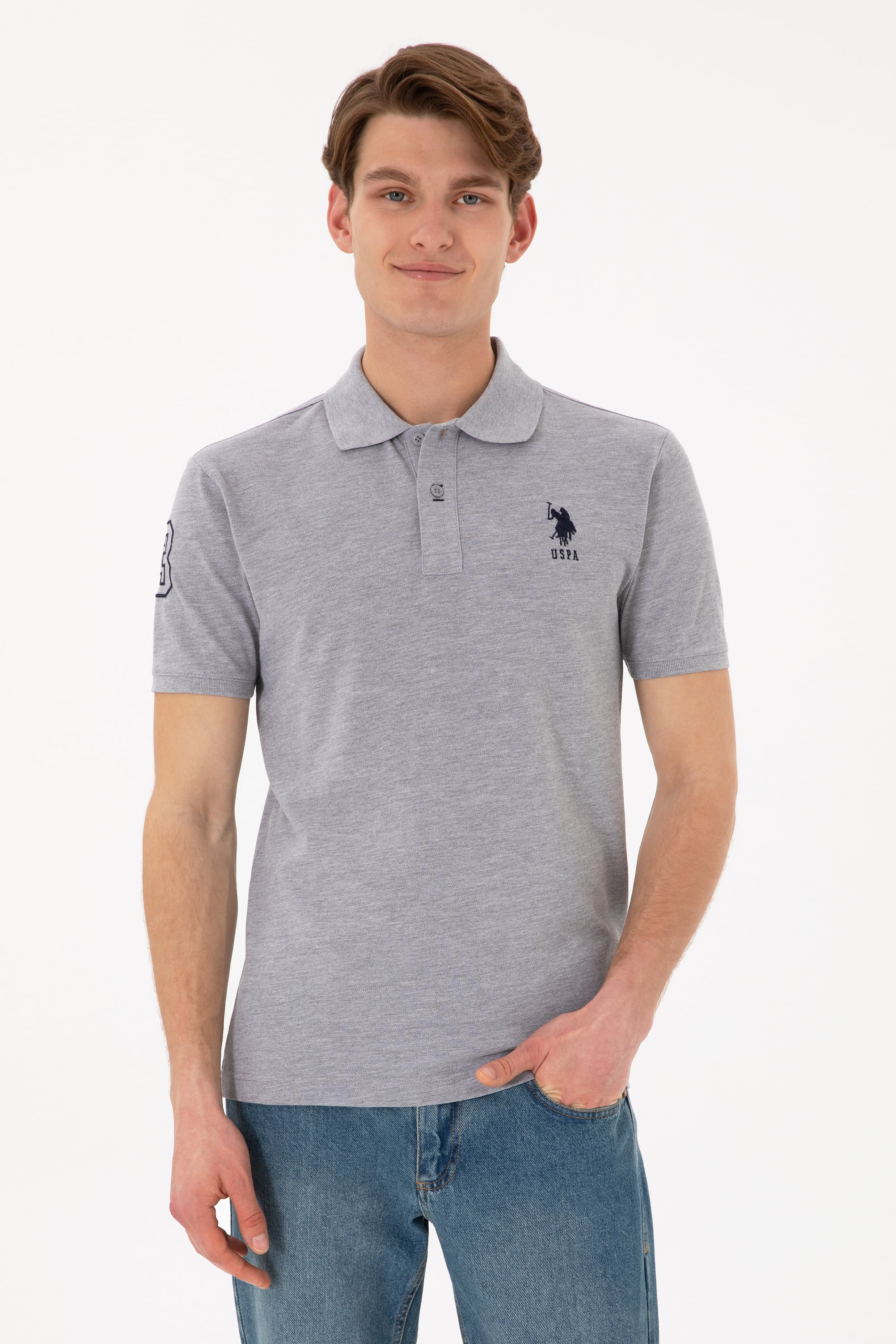 پولوشرت یقه پولو خاکستری ملانژ اندامی مردانه یو اس پولو | US POLO ASSN