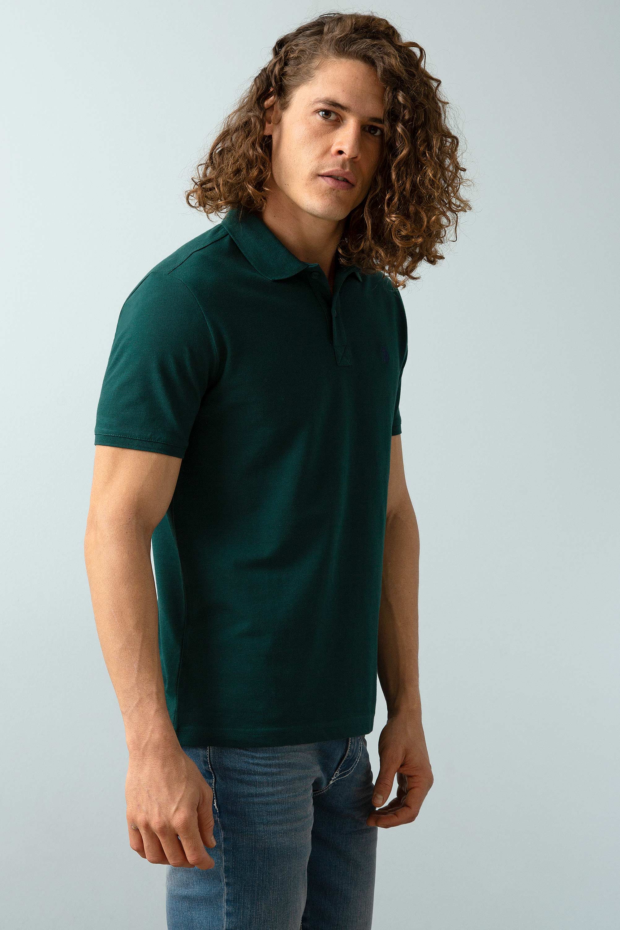 پولوشرت یقه پولو سبز تیره اندامی آستین کوتاه مردانه یو اس پولو | US POLO ASSN
