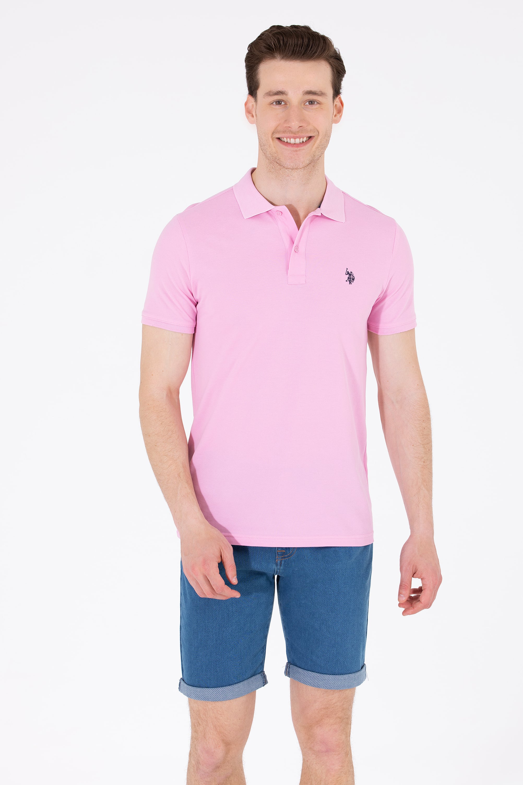 پولوشرت یقه پولو صورتی روشن اندامی آستین کوتاه مردانه یو اس پولو | US POLO ASSN