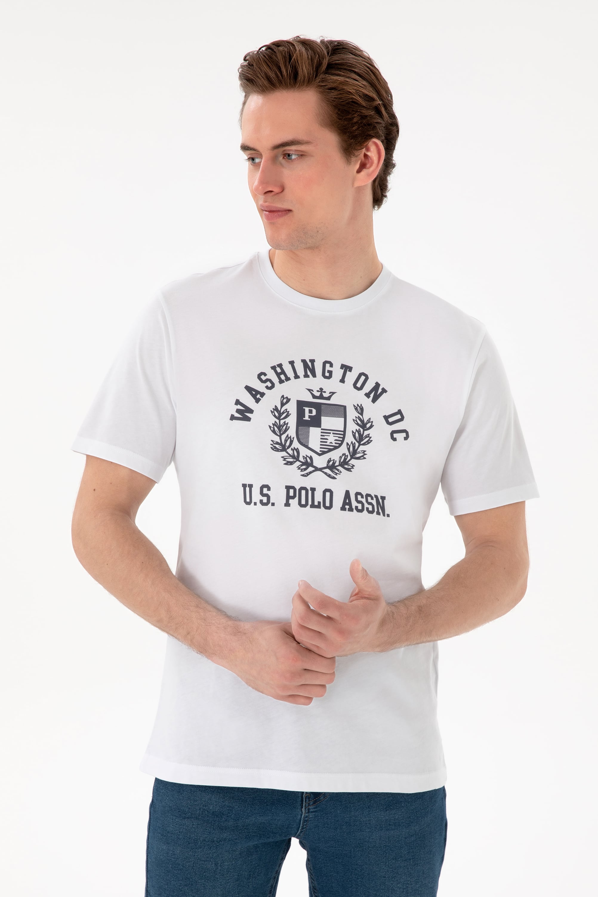پولوشرت یقه گرد سفید رگولار آستین کوتاه مردانه یو اس پولو | US POLO ASSN