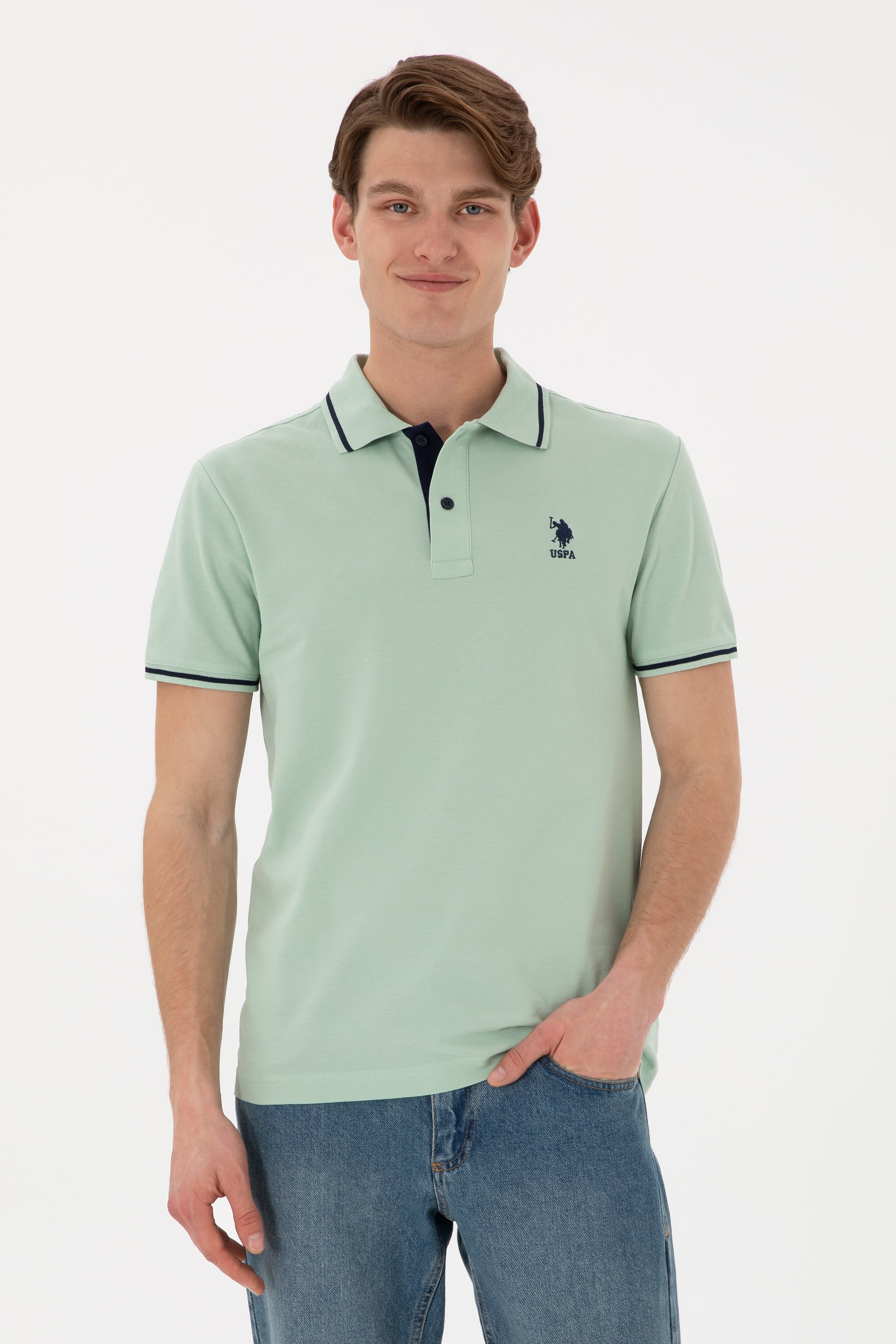 پولوشرت یقه پولو سبزآبی اندامی مردانه یو اس پولو | US POLO ASSN