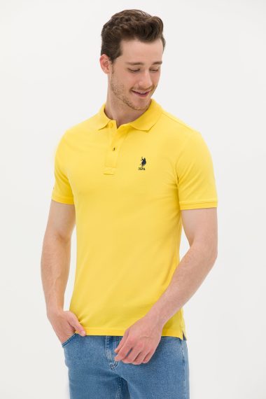 پولوشرت یقه پولو زرد تیره  اندامی آستین کوتاه مردانه یو اس پولو | US POLO ASSN