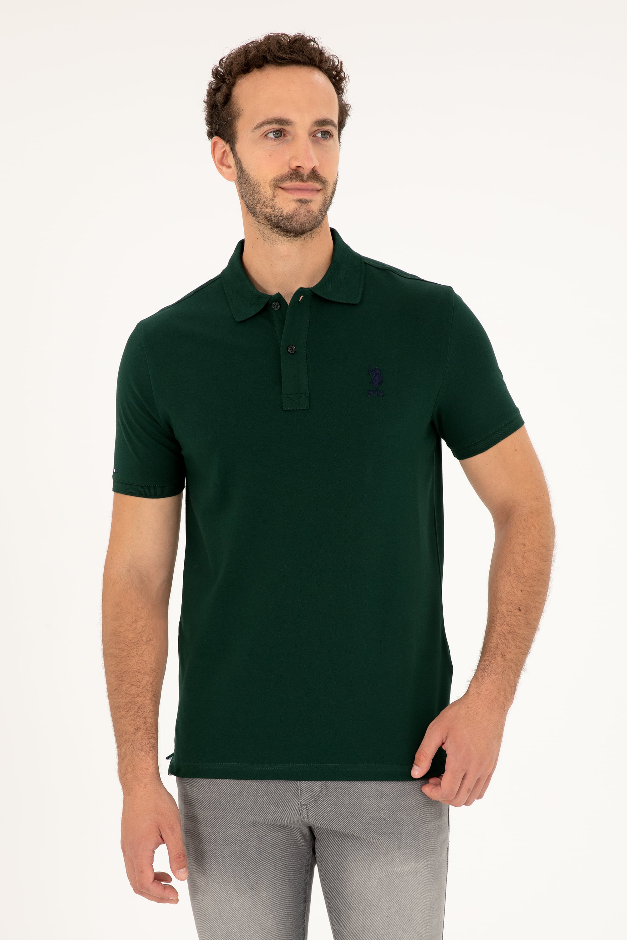پولوشرت یقه پولو سبز تیره  اندامی آستین کوتاه مردانه یو اس پولو | US POLO ASSN