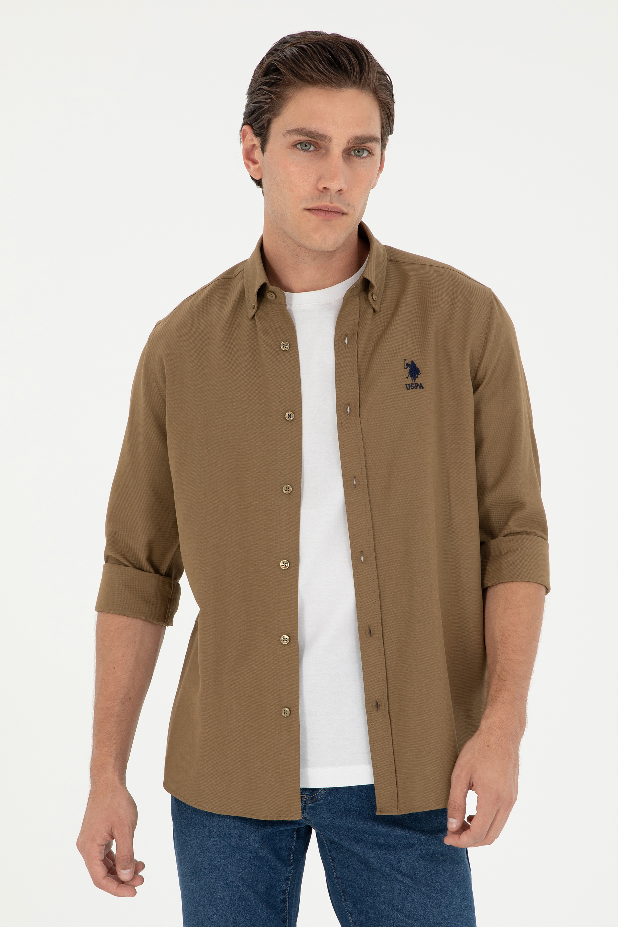 پیراهن بیسیک خاکی اندامی مردانه یو اس پولو | US POLO ASSN