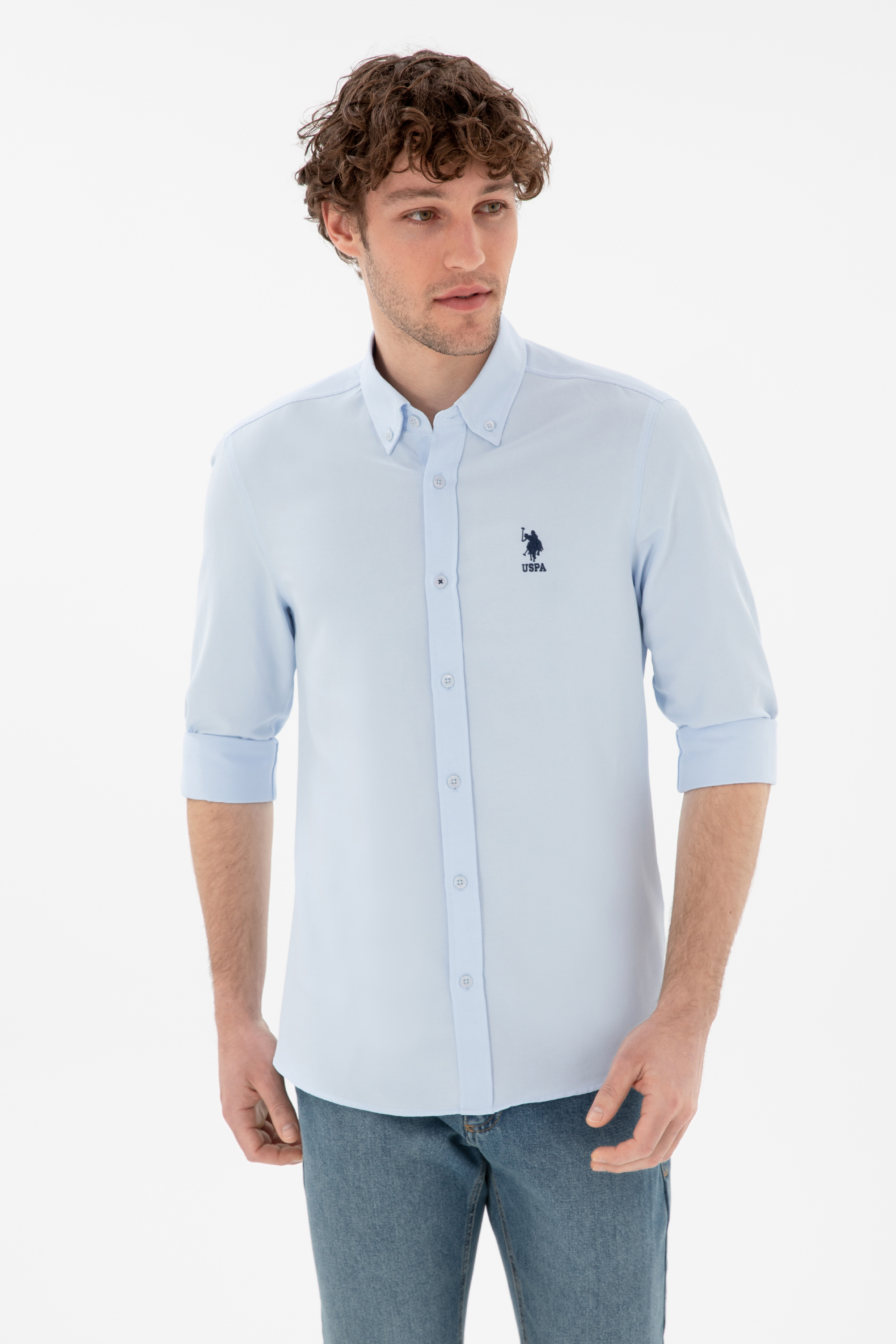 پیراهن بیسیک سورمه ای روشن اندامی مردانه یو اس پولو | US POLO ASSN