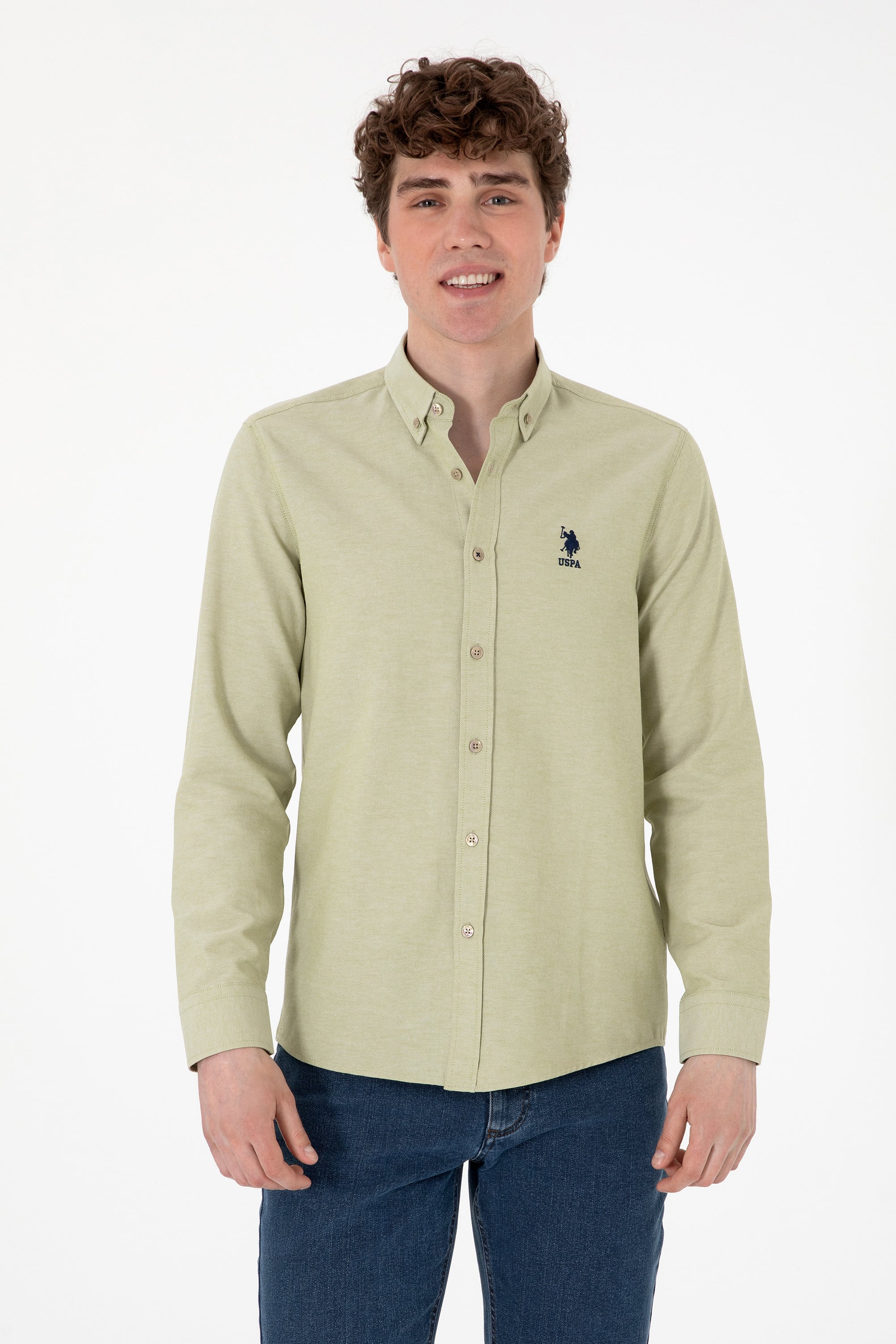 پیراهن بیسیک خاکی روشن اندامی مردانه یو اس پولو | US POLO ASSN