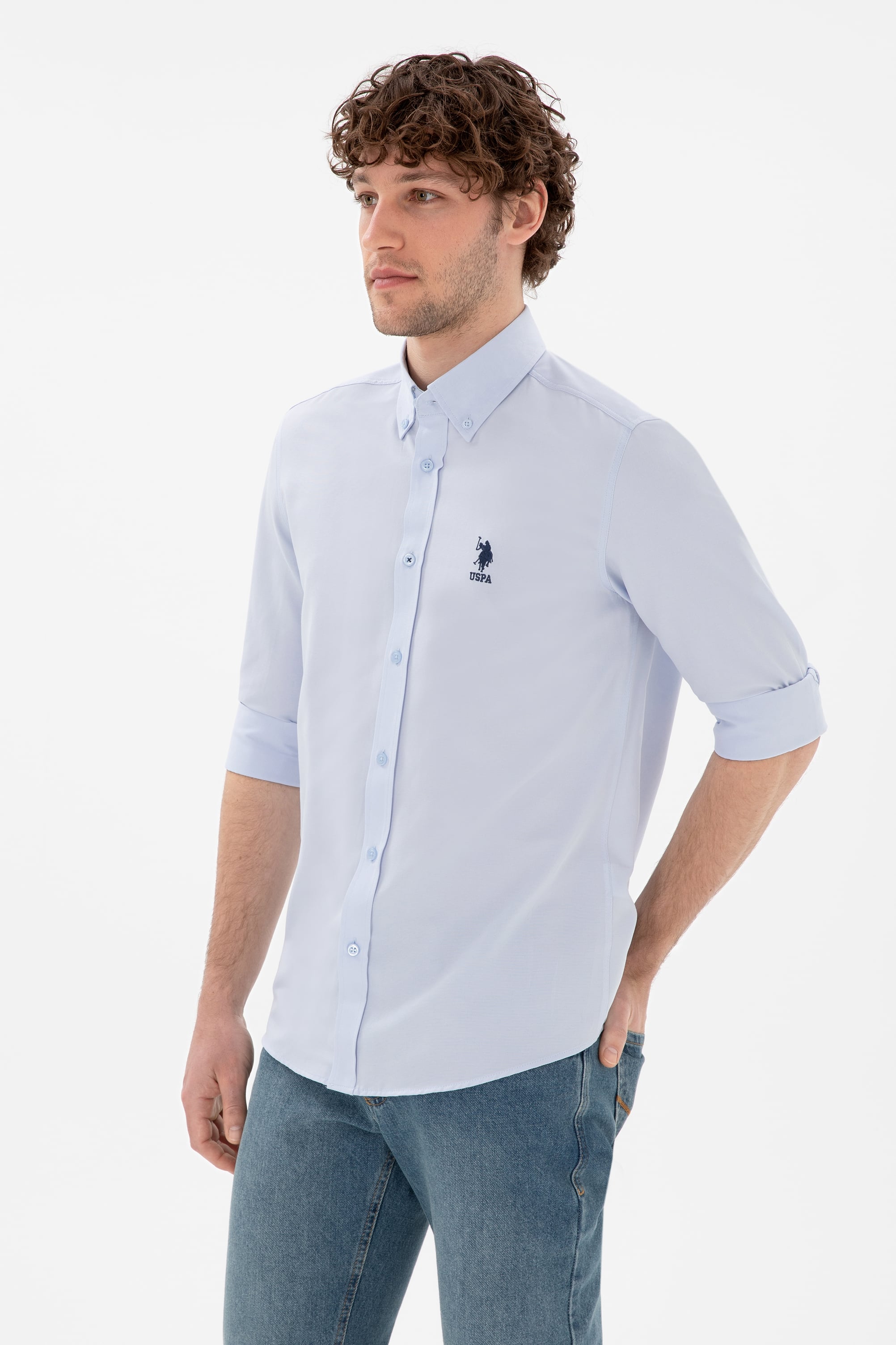 پیراهن بیسیک سورمه ای روشن اندامی مردانه یو اس پولو | US POLO ASSN