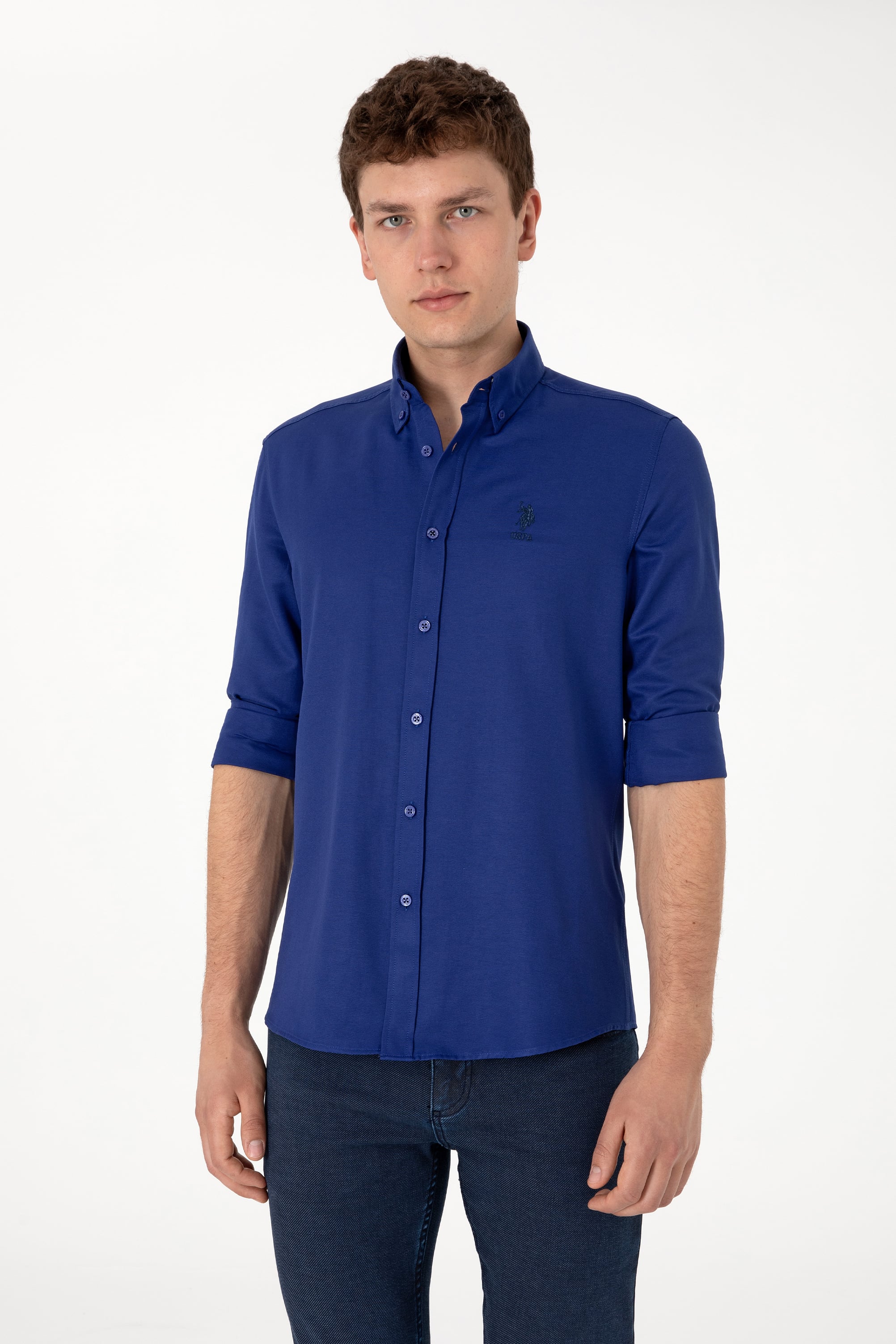 پیراهن بیسیک آبی اندامی مردانه یو اس پولو | US POLO ASSN