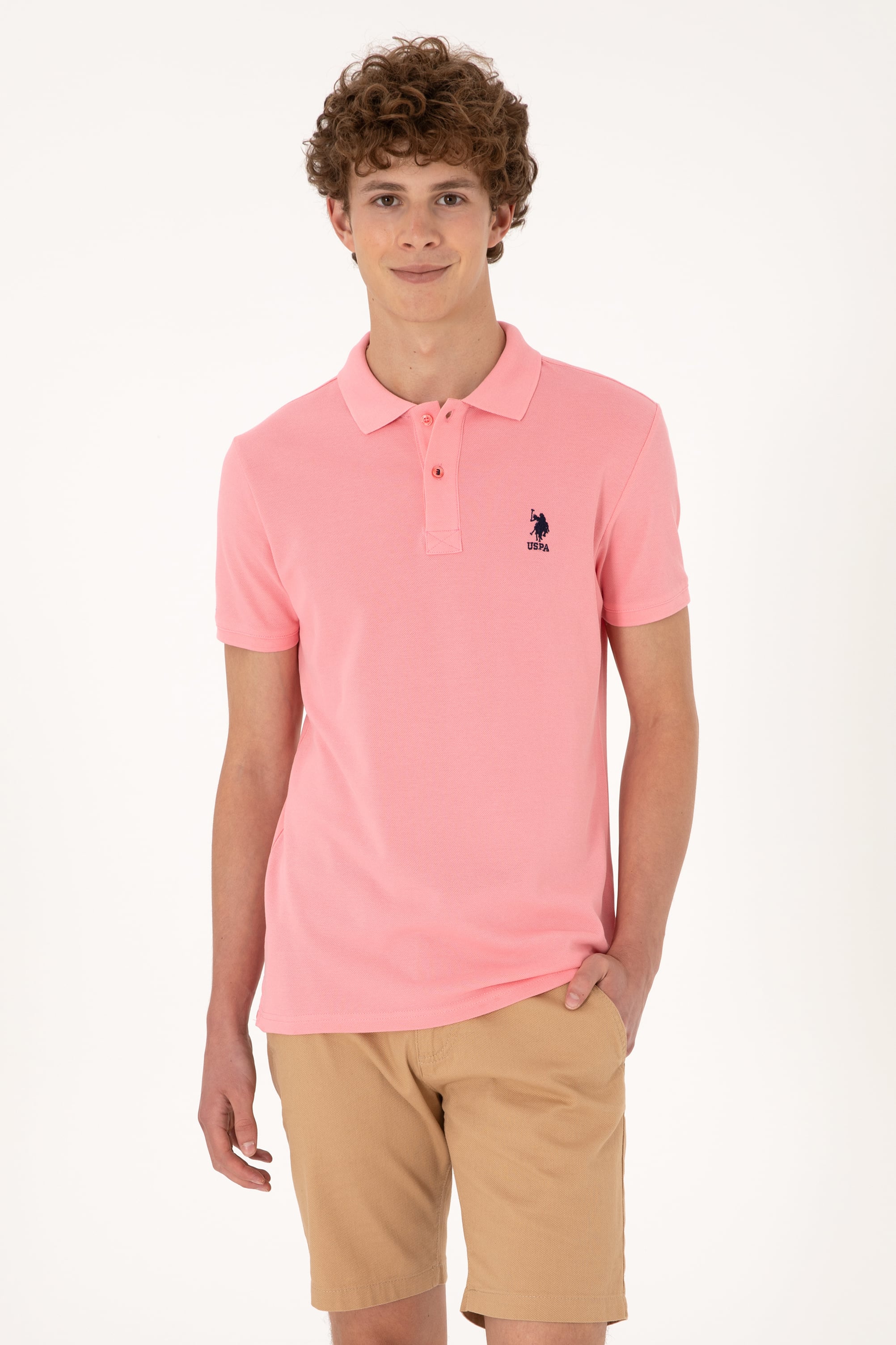 پولوشرت یقه پیراهنی صورتی اندامی آستین کوتاه مردانه یو اس پولو | US POLO ASSN