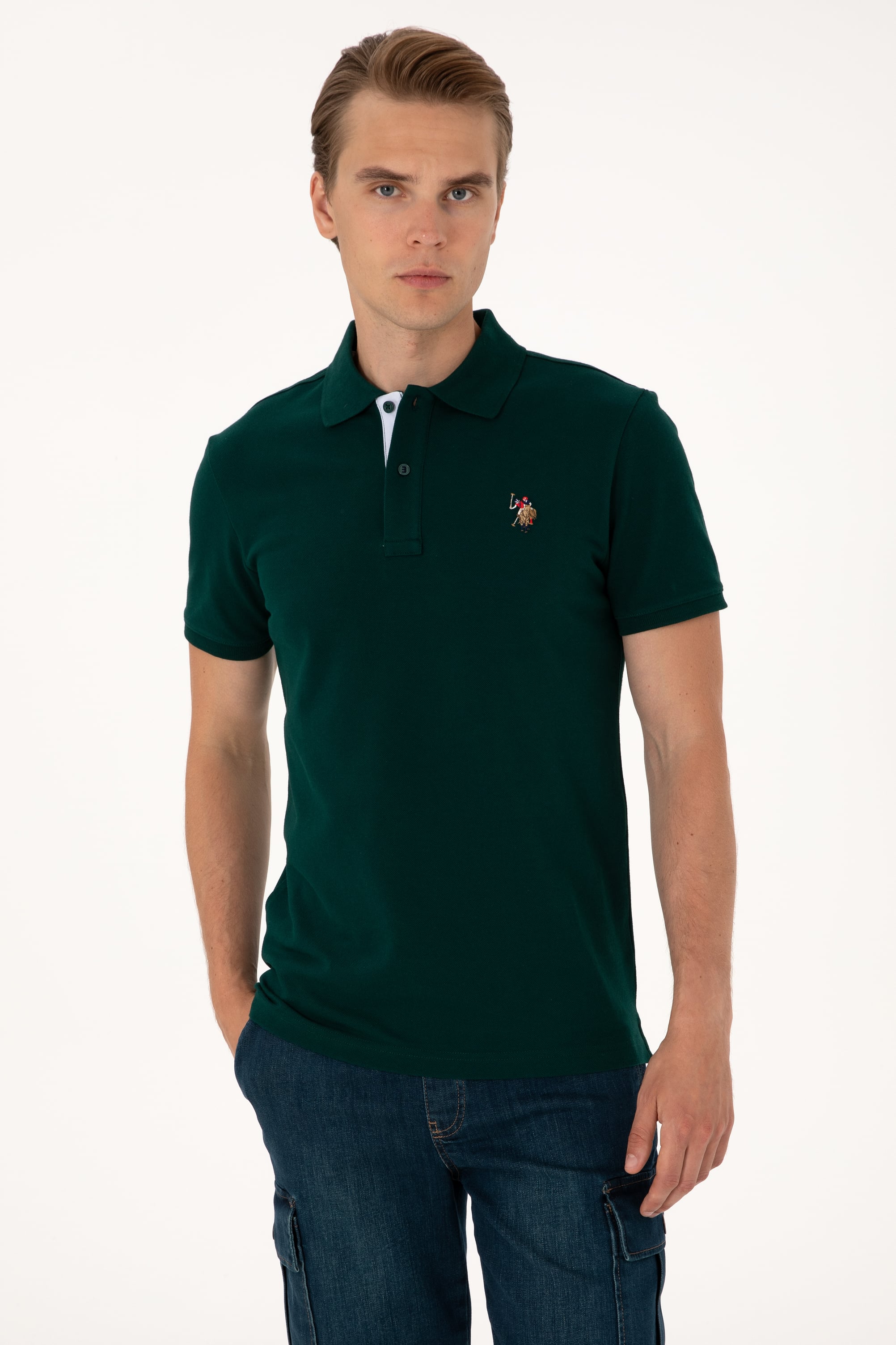 پولوشرت یقه پولو سبز تیره اندامی مردانه یو اس پولو | US POLO ASSN