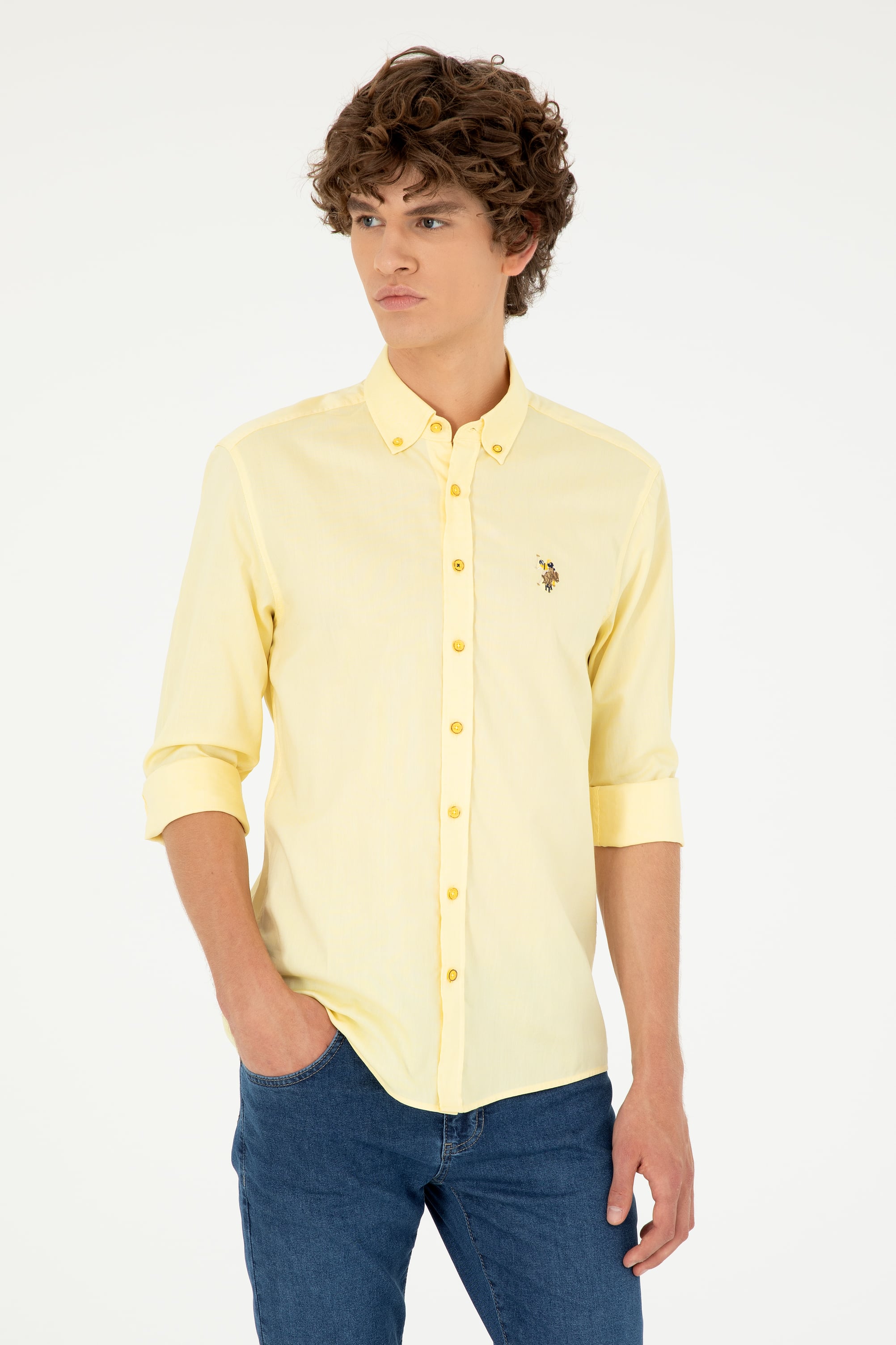 پیراهن زرد تیره اندامی مردانه یو اس پولو | US POLO ASSN