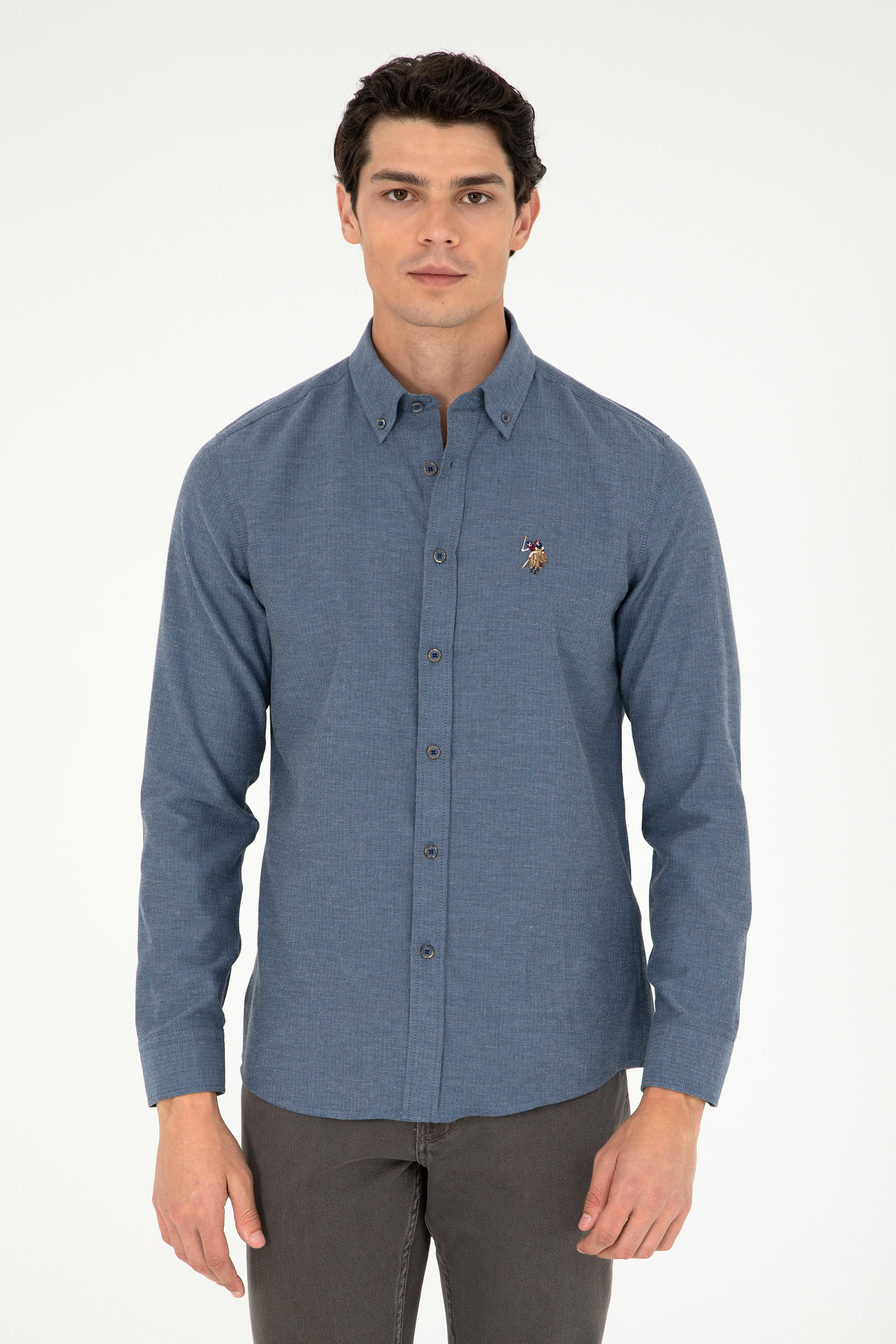 پیراهن بیسیک نیلی اندامی مردانه یو اس پولو | US POLO ASSN