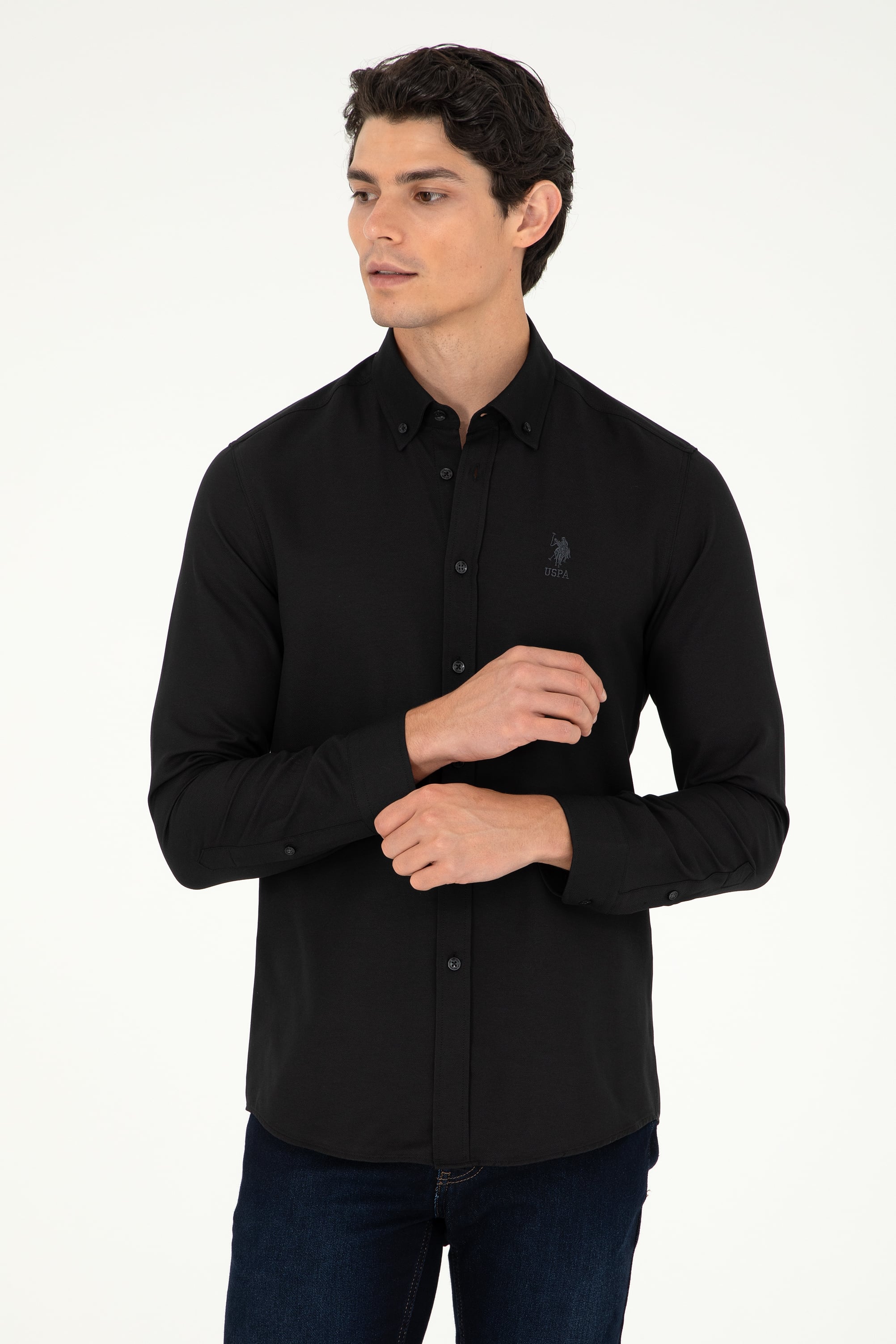 پیراهن بیسیک سیاه اندامی مردانه یو اس پولو | US POLO ASSN